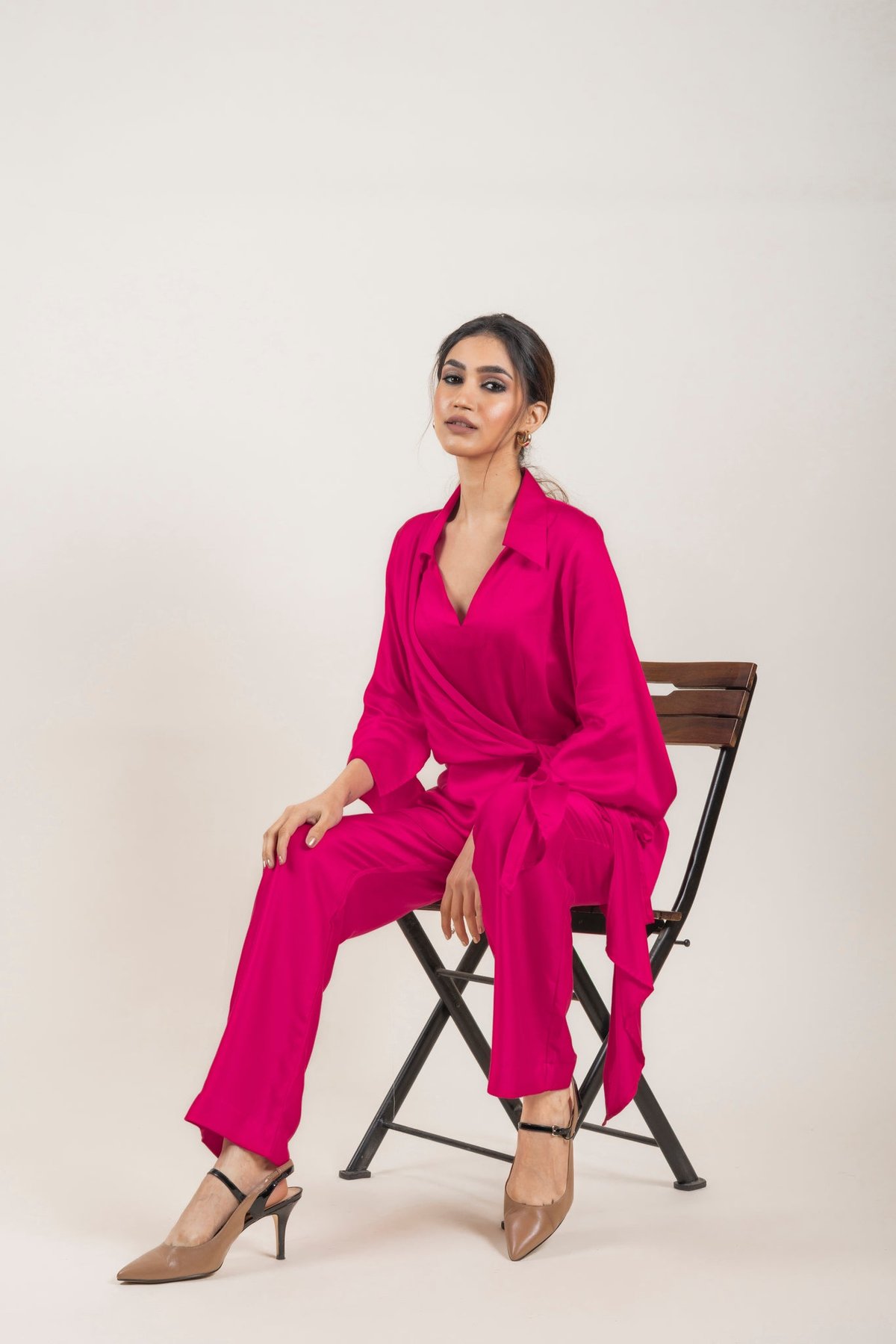 Hot Pink Cotton Satin Wrap Co-ord Set with Wide-Leg Pants