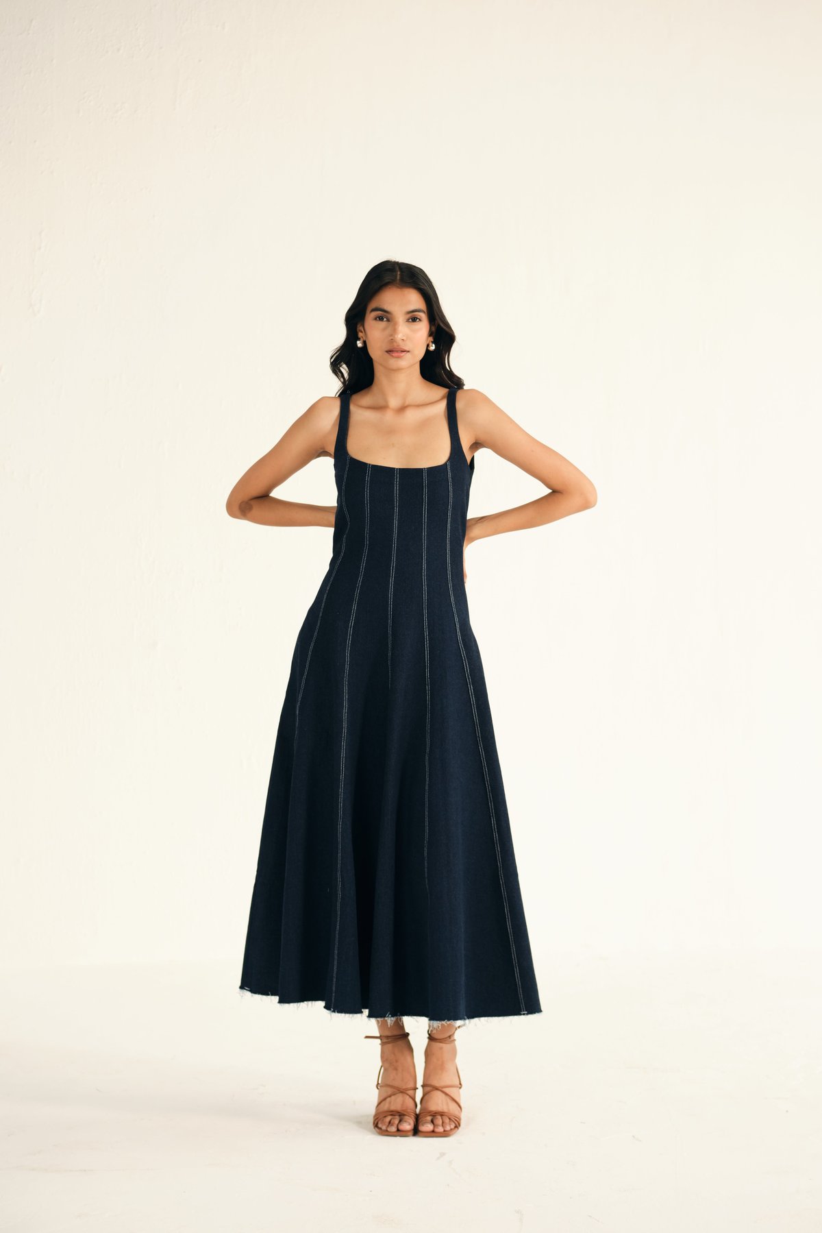 Blue Denim Square-Neck Panelled Midi Dress