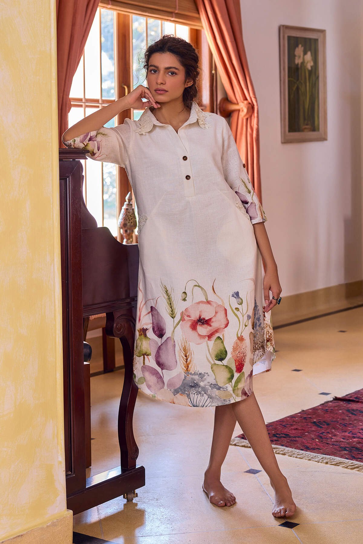 Spring Print Linen Collared Midi Dress with 3/4 Sleeves