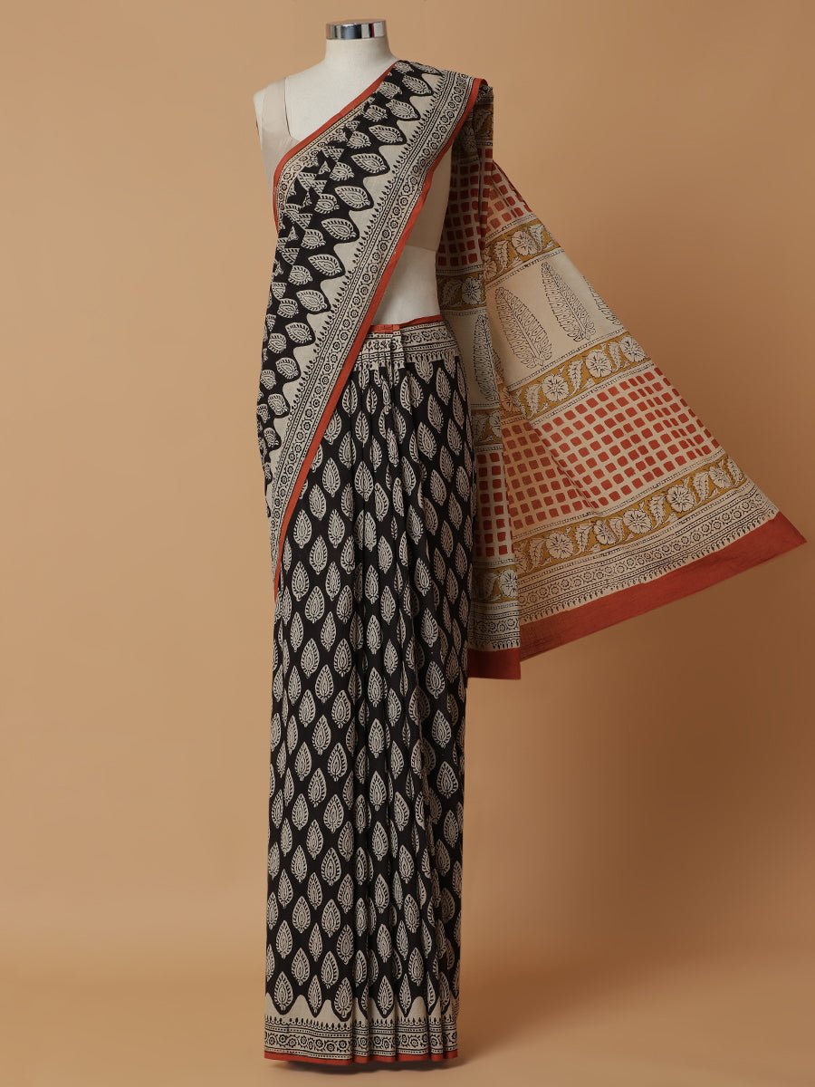 Hand Block Printed Black Cotton Mulmul Rozaana