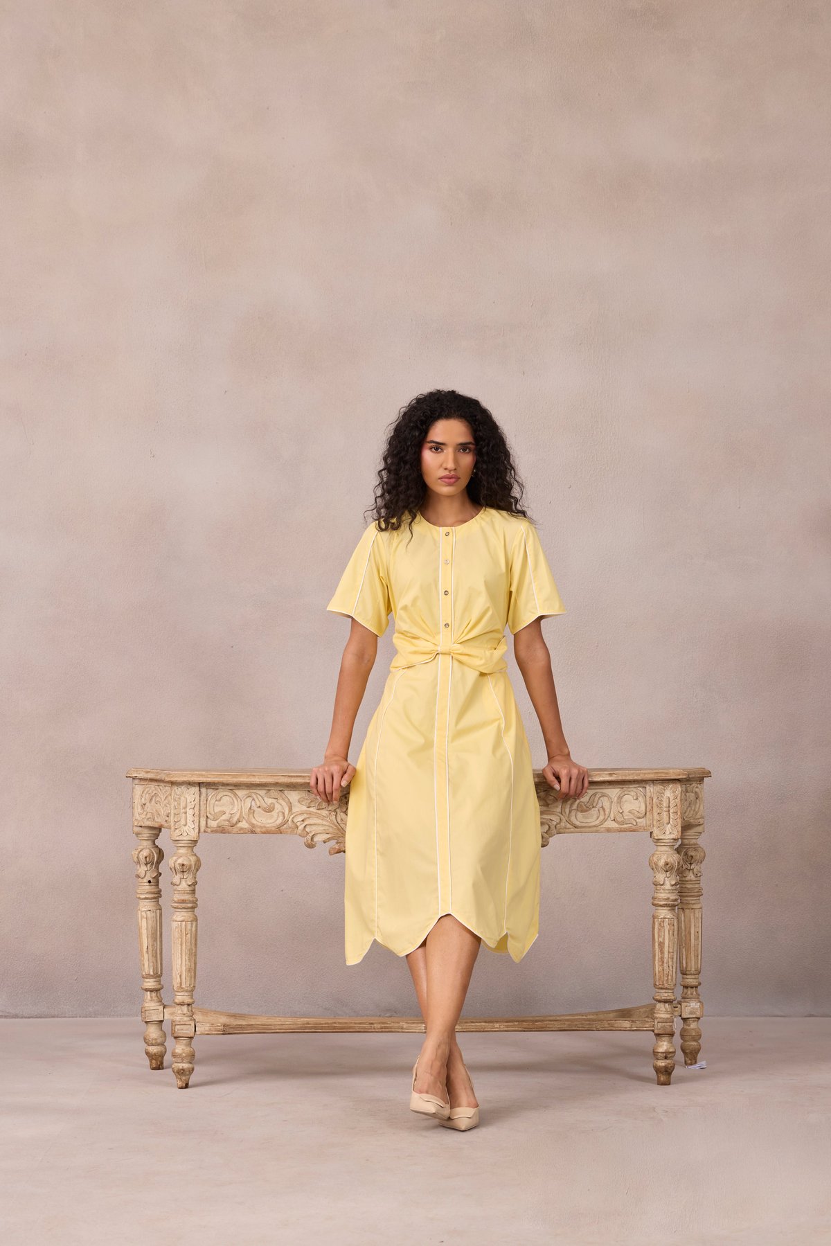 Lemon Sorbet Cotton Poplin Fit and Flare Midi Dress