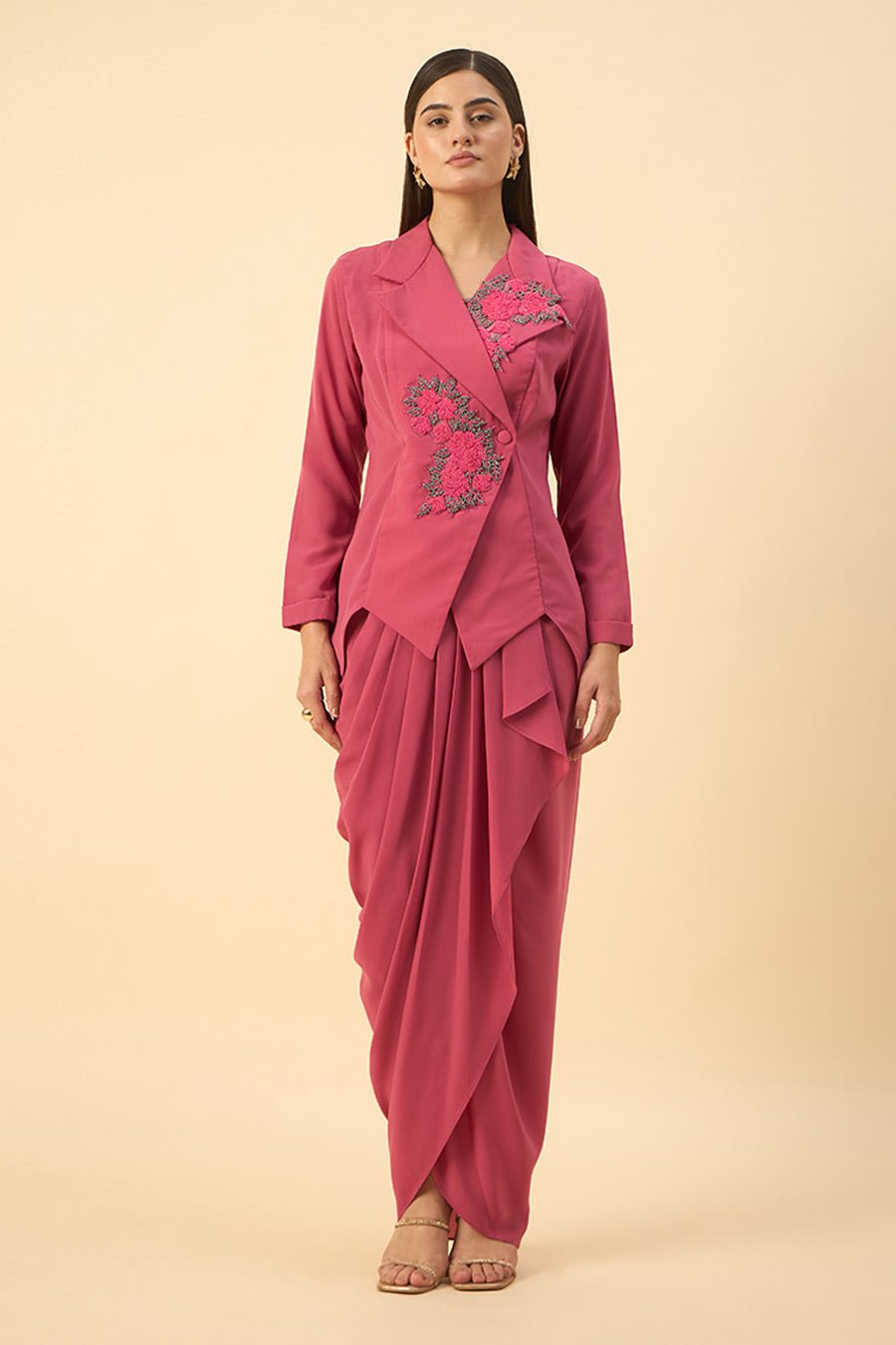 Pink Embriodered Blazer Dhoti Set