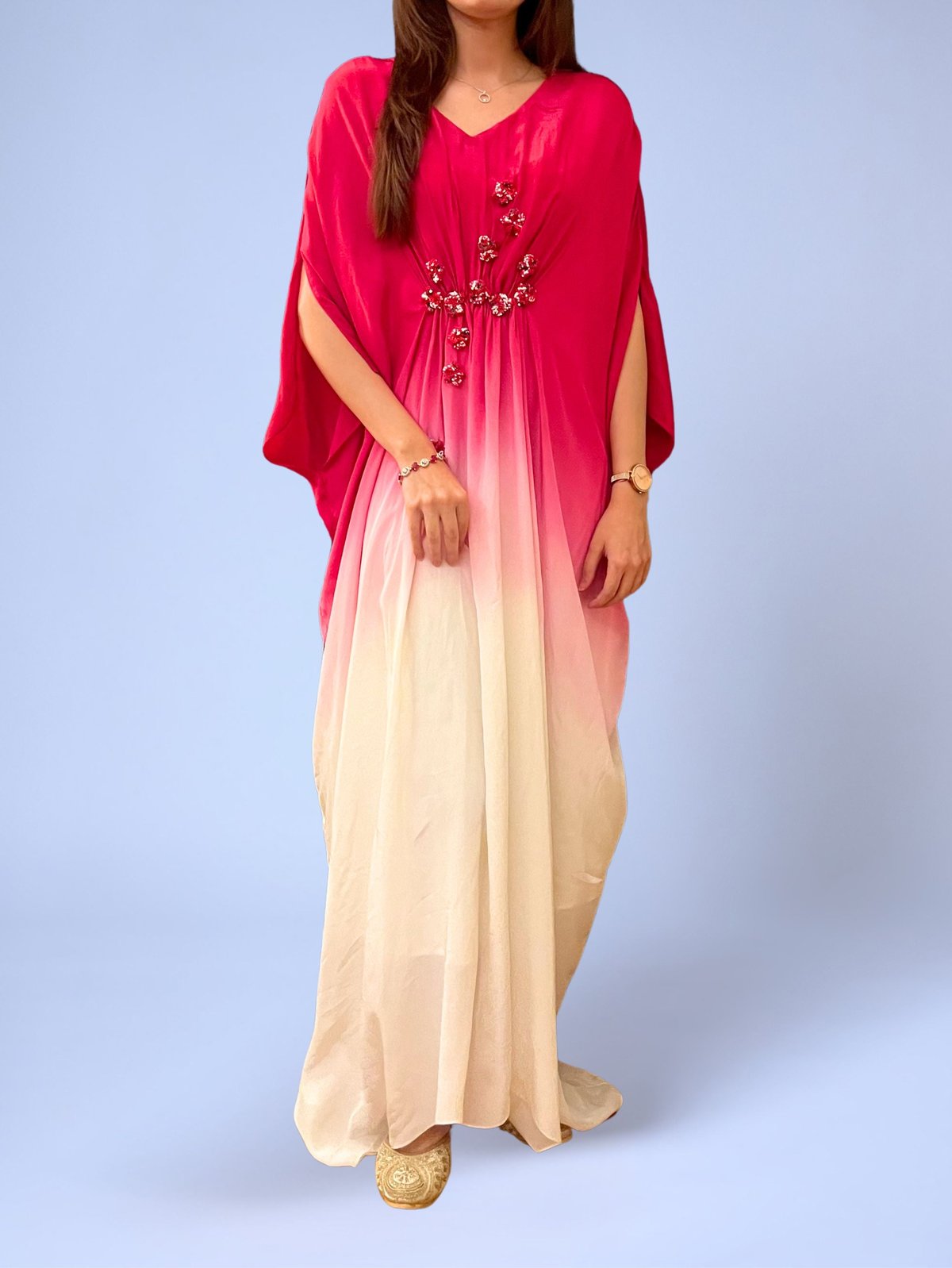 Fuschia Ombre Kaftan Maxi Dress with 3D Floral Embroidery