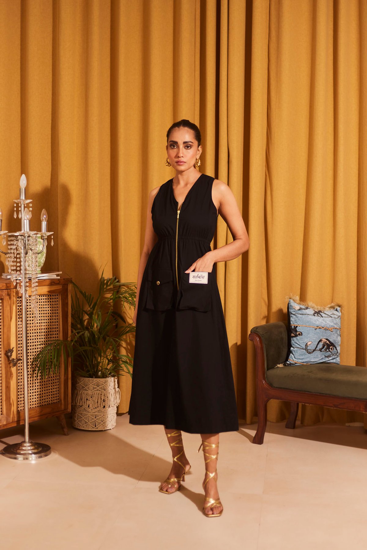 Black Zip-Front A-Line Midi Dress with Pockets