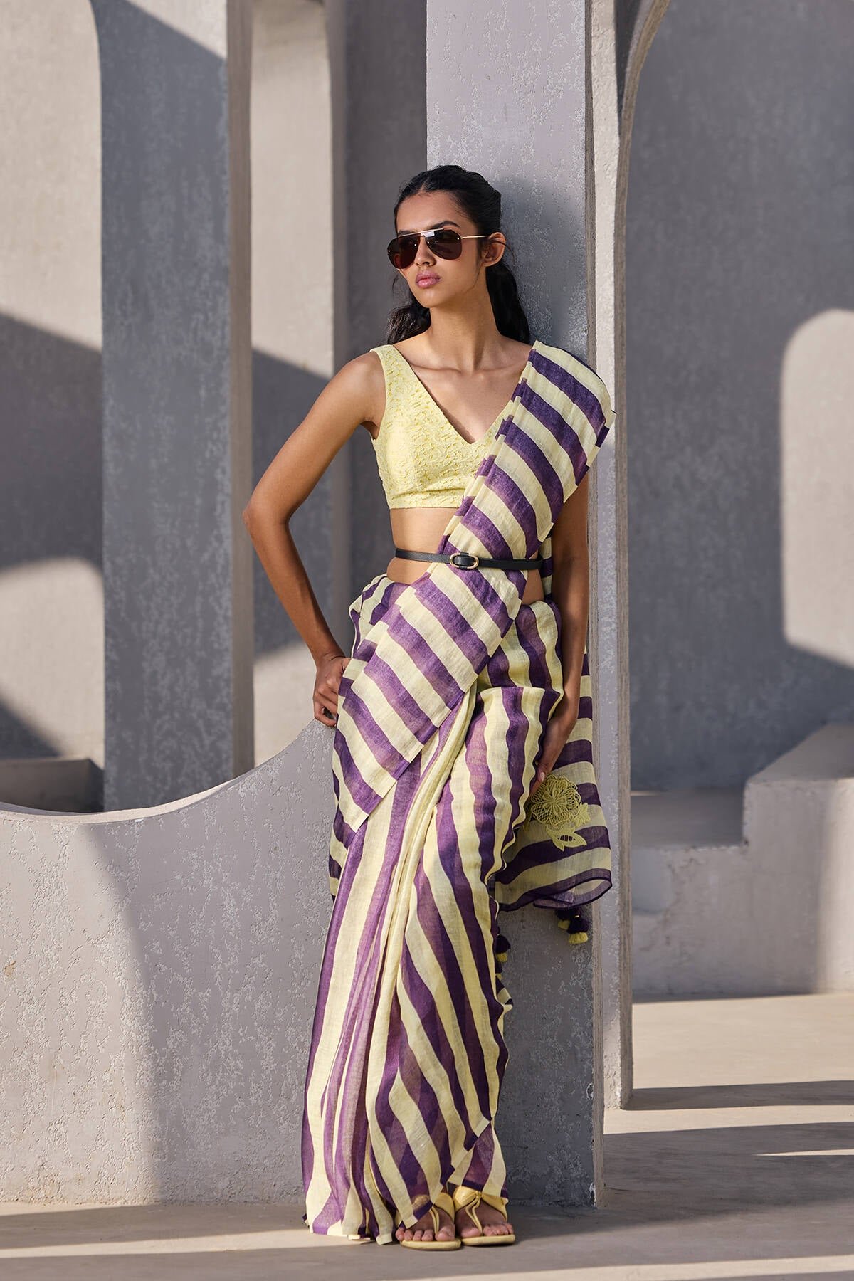 Purple and Yellow Striped Linen Saree with Lace Detail