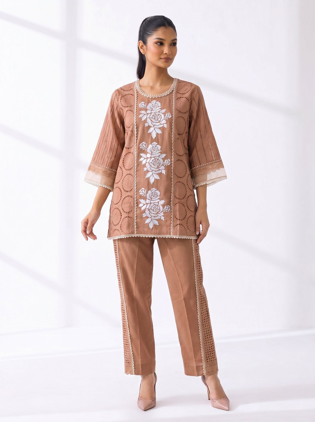 Brown Linen Straight Kurta Set with Cutwork Detail