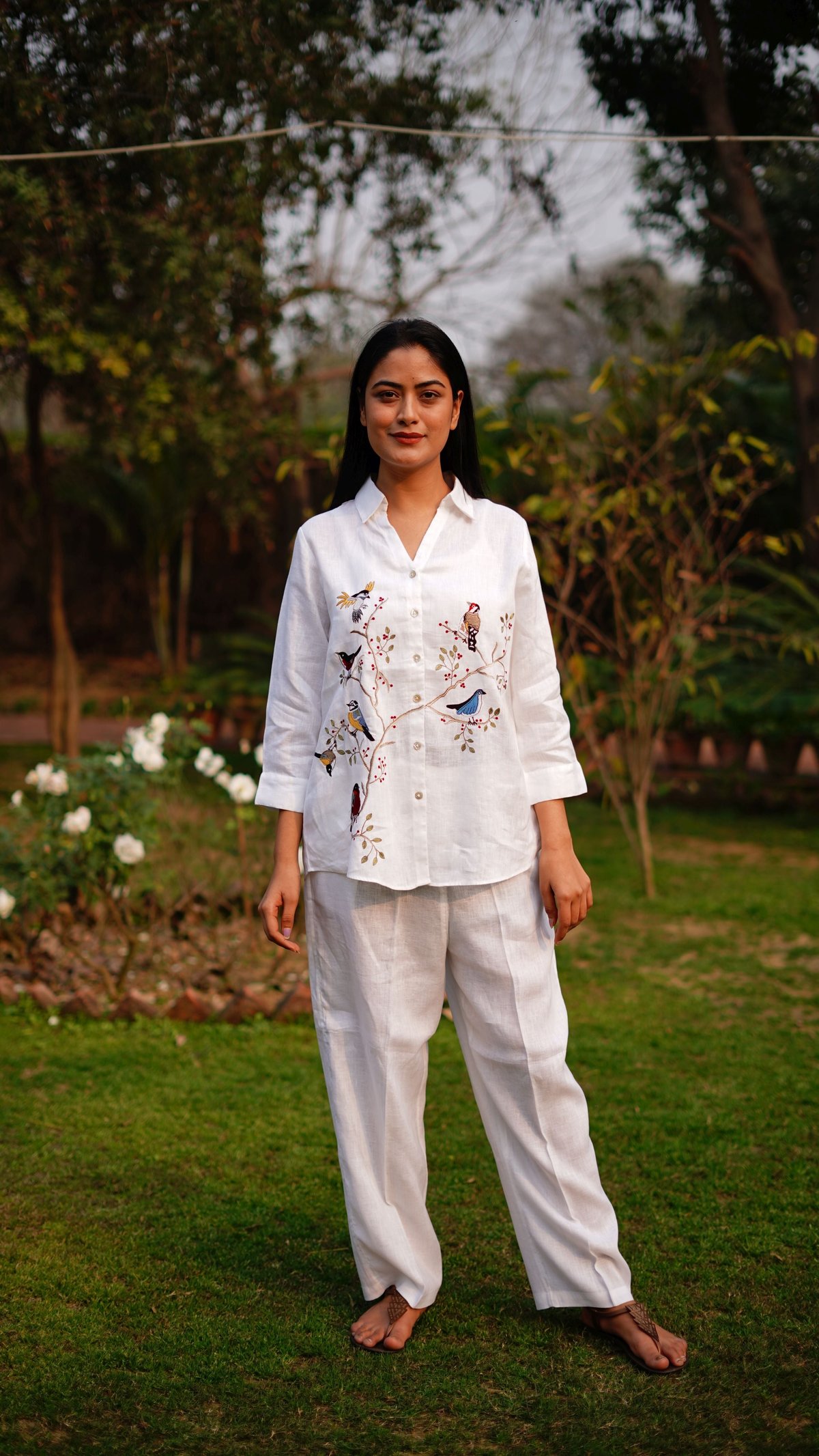 White Linen Longline Shirt with Bird Embroidery