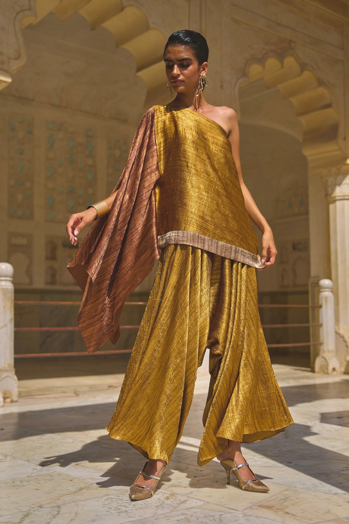Metallic Colorblocked One-Shoulder Drape Top