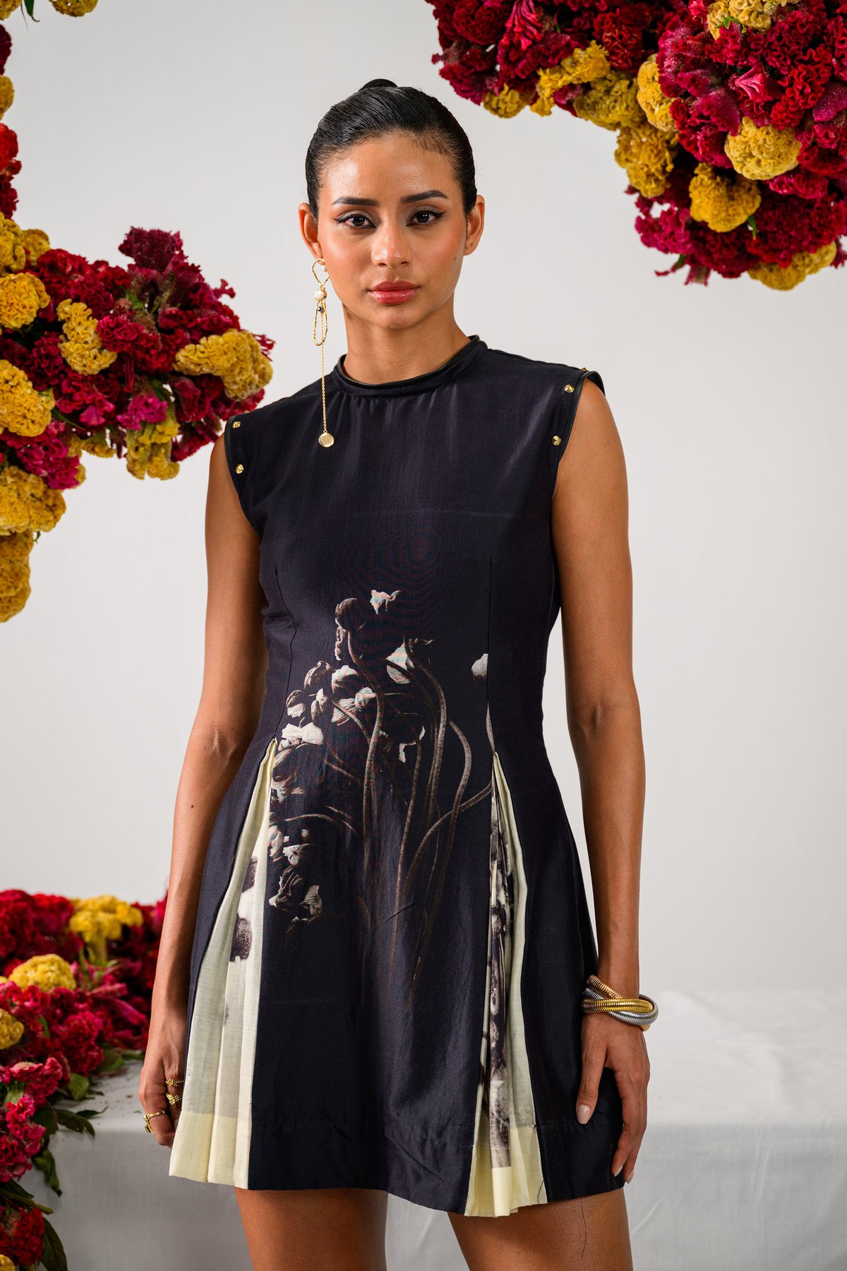 Black Floral Print Mini Dress with Pleated Side Panels