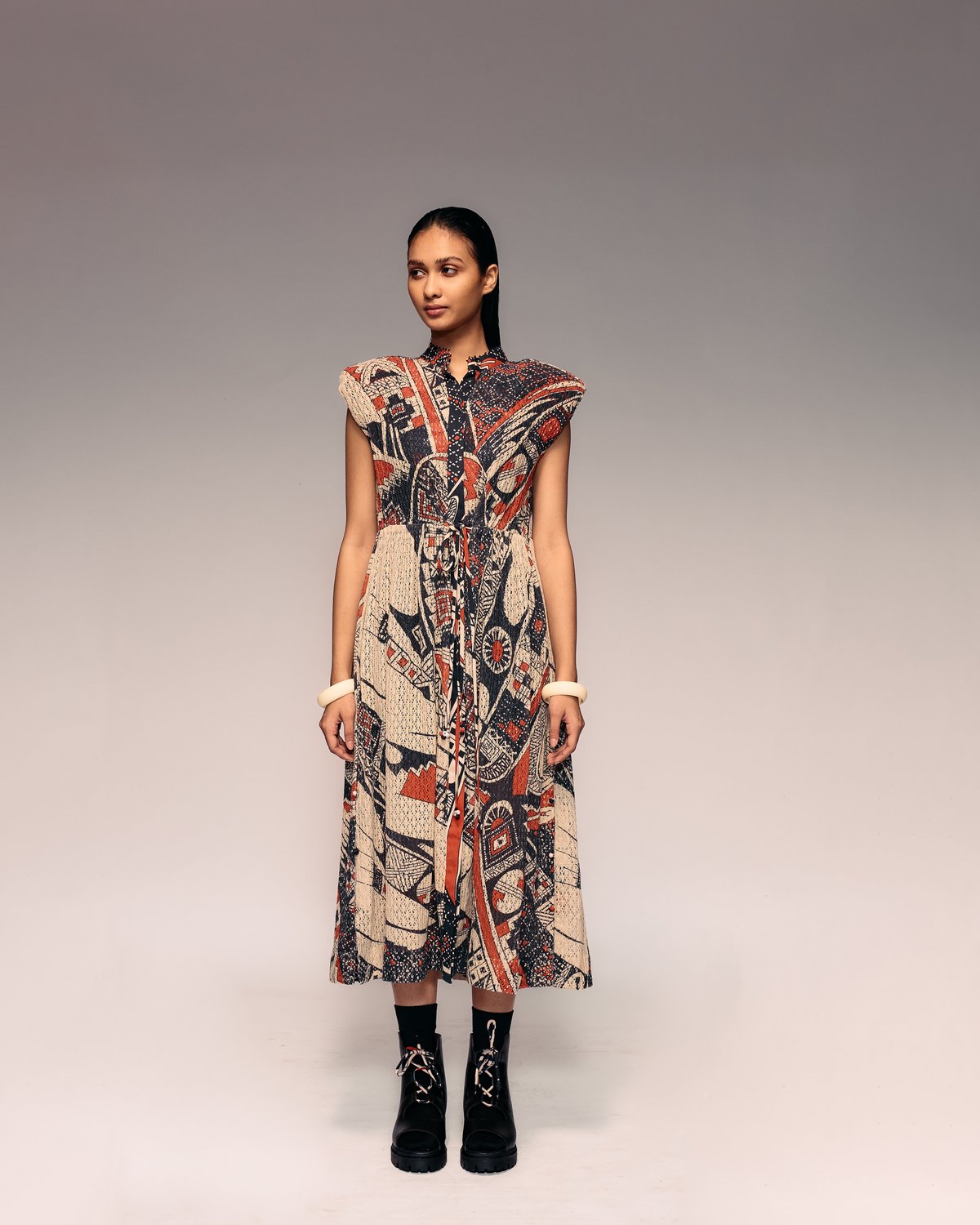 Print Cotton Net Drawstring Dress