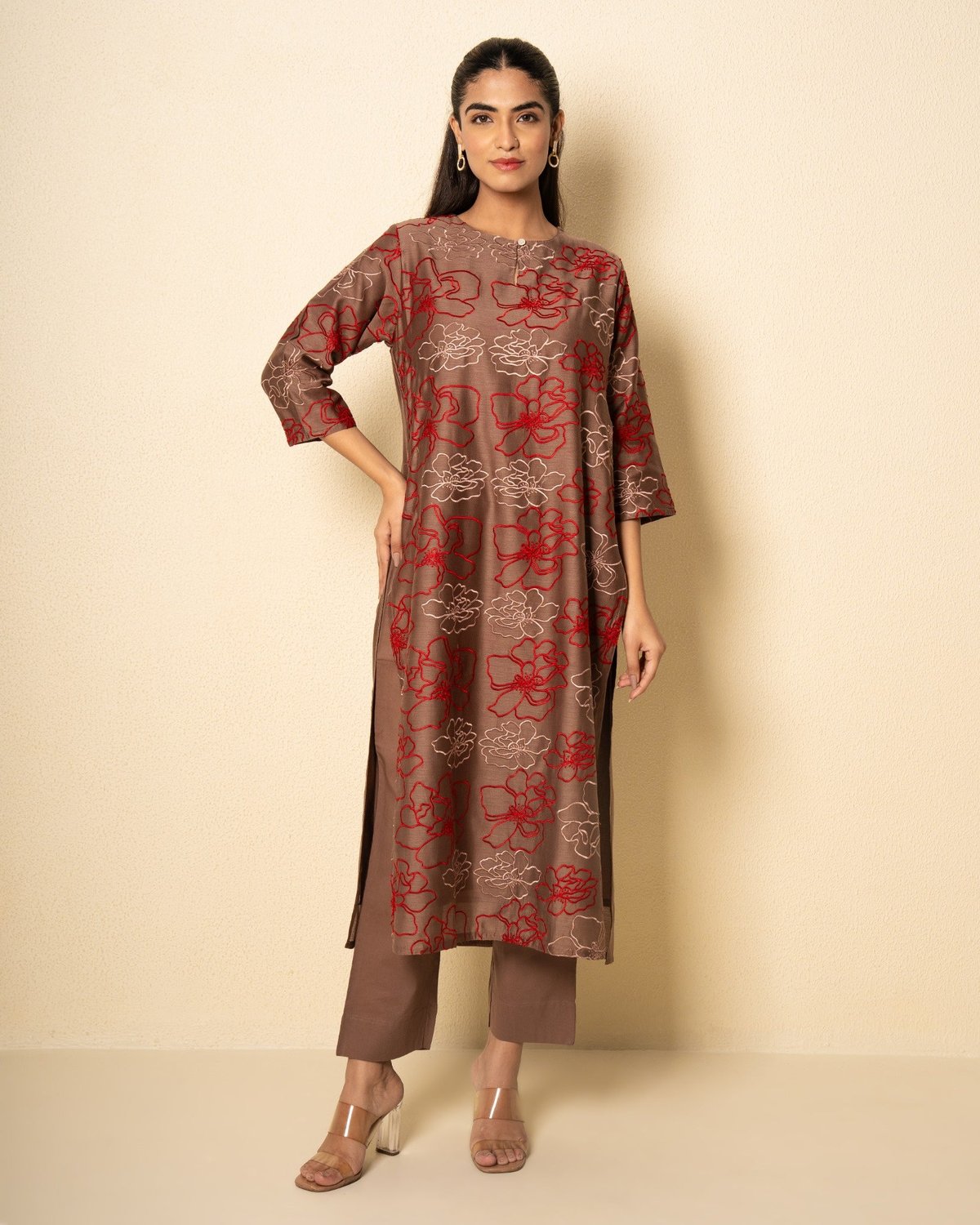Cocoa Brown Chanderi Floral Embroidered Kurta Set (Set of 2)