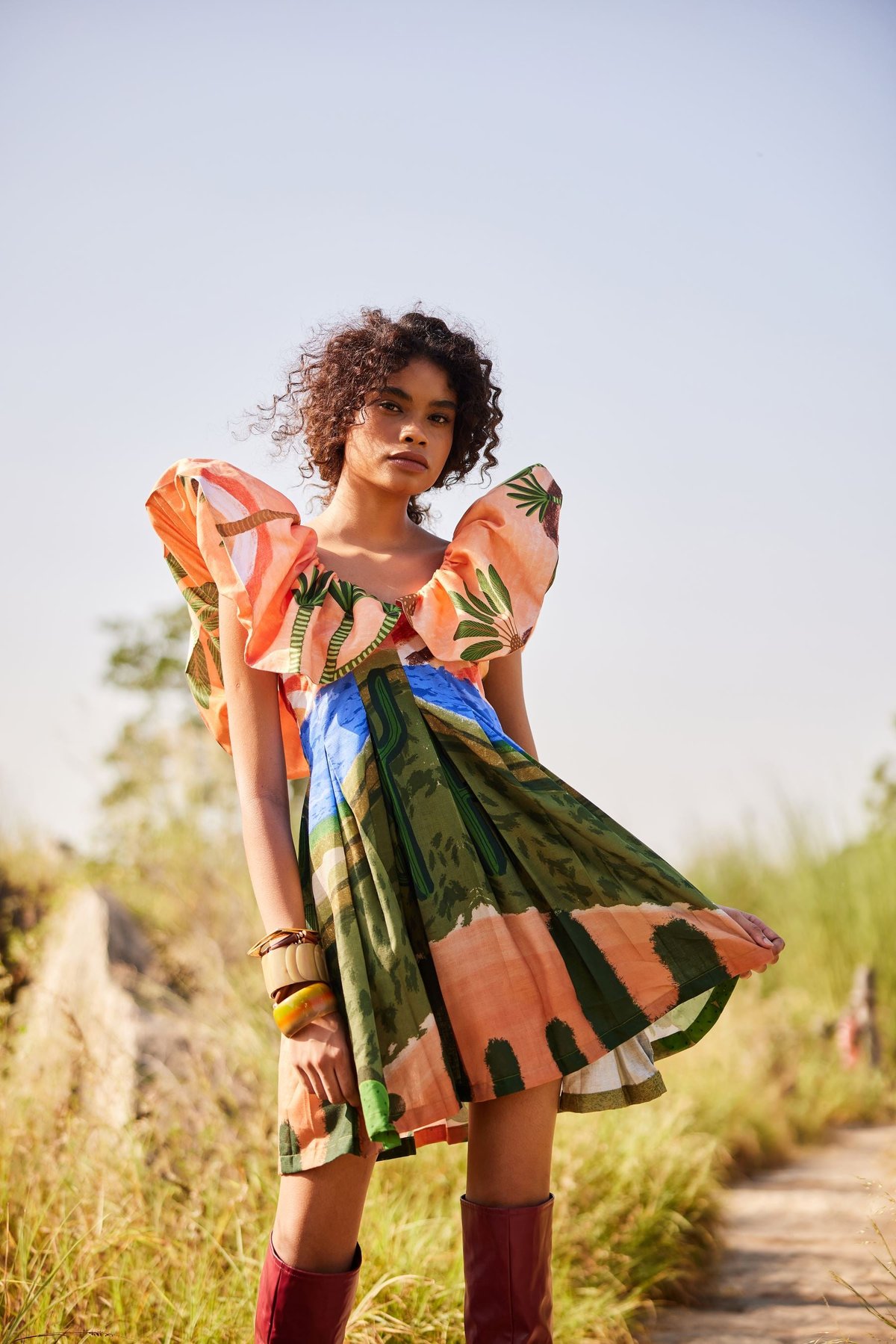 Multicolor Printed Fit and Flare Mini Dress with Puff Sleeves