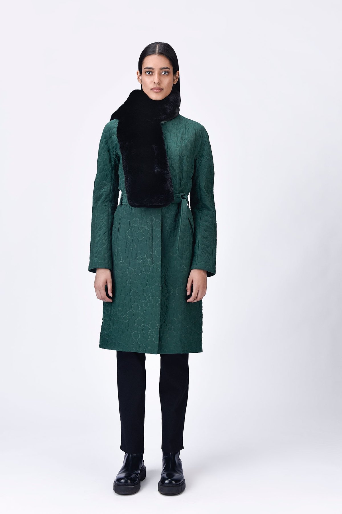 Pine Green Quilted Trench Coat with Tie-Up Belt