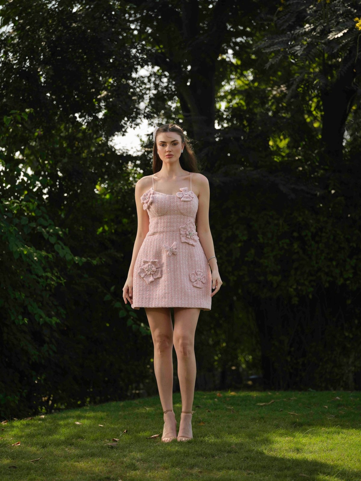 Pink Tweed Corset Mini Dress with 3D Floral Applique