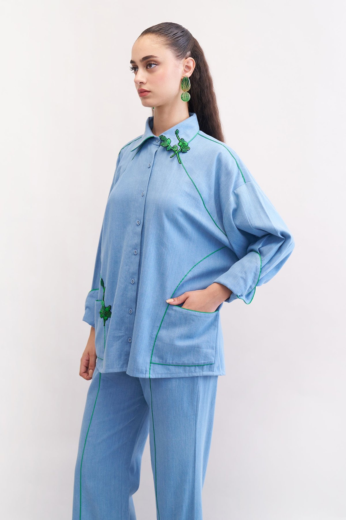 Denim Blue Relaxed Shirt with Green Floral Embroidery