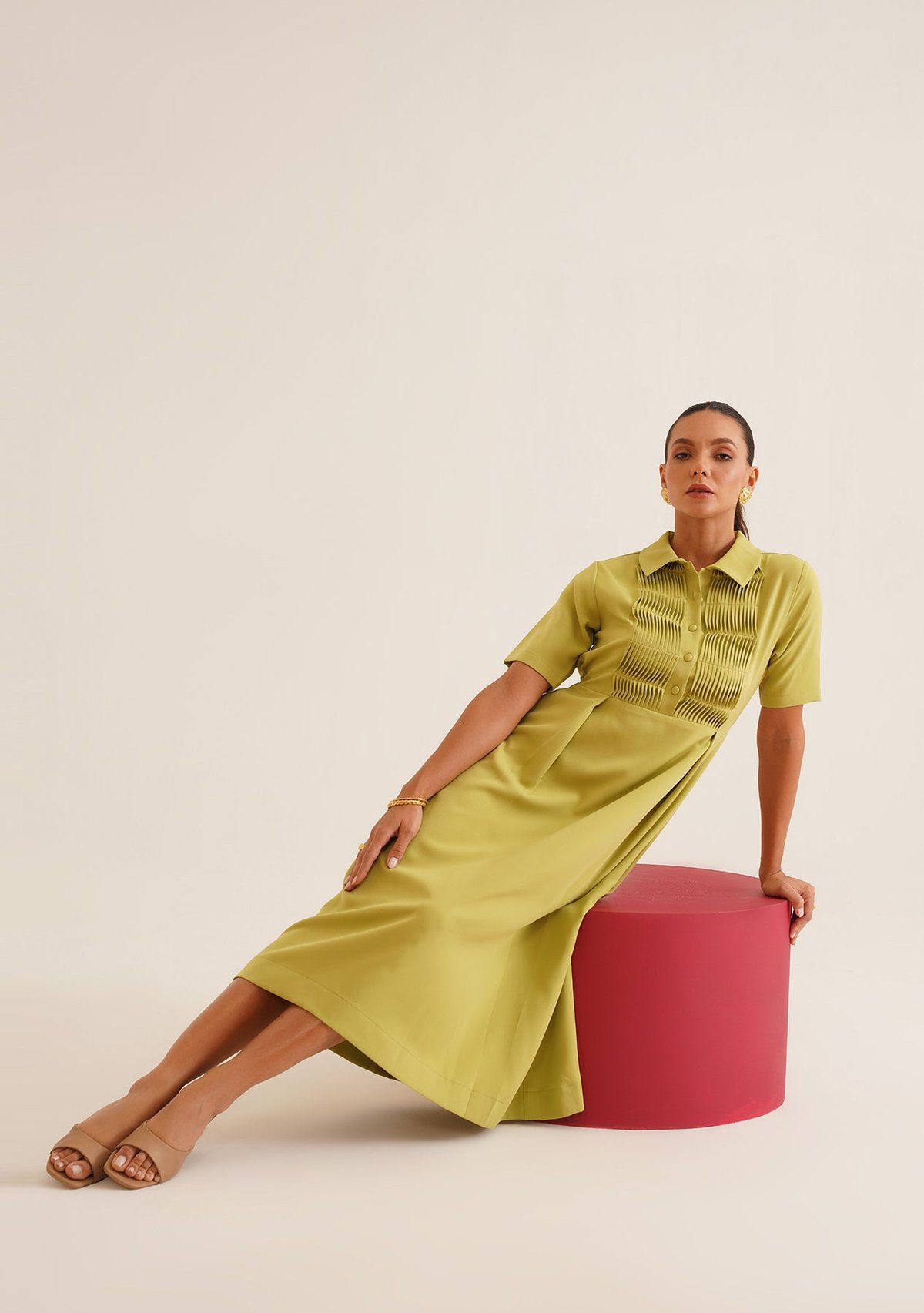 Cyber Green Pintuck Collared Midi Dress