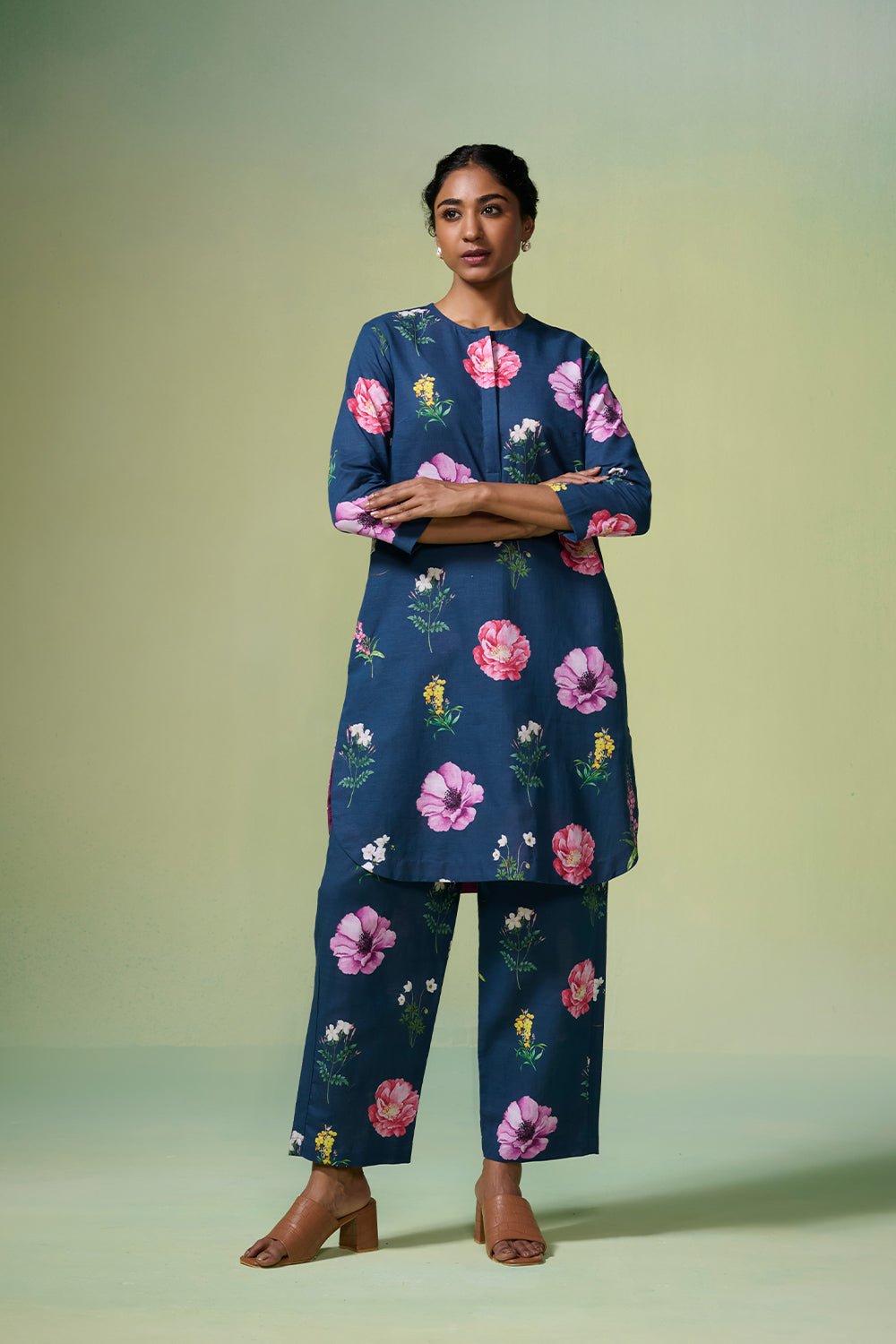 Navy Floral Printed Linen-Cotton Kurta Pant Set
