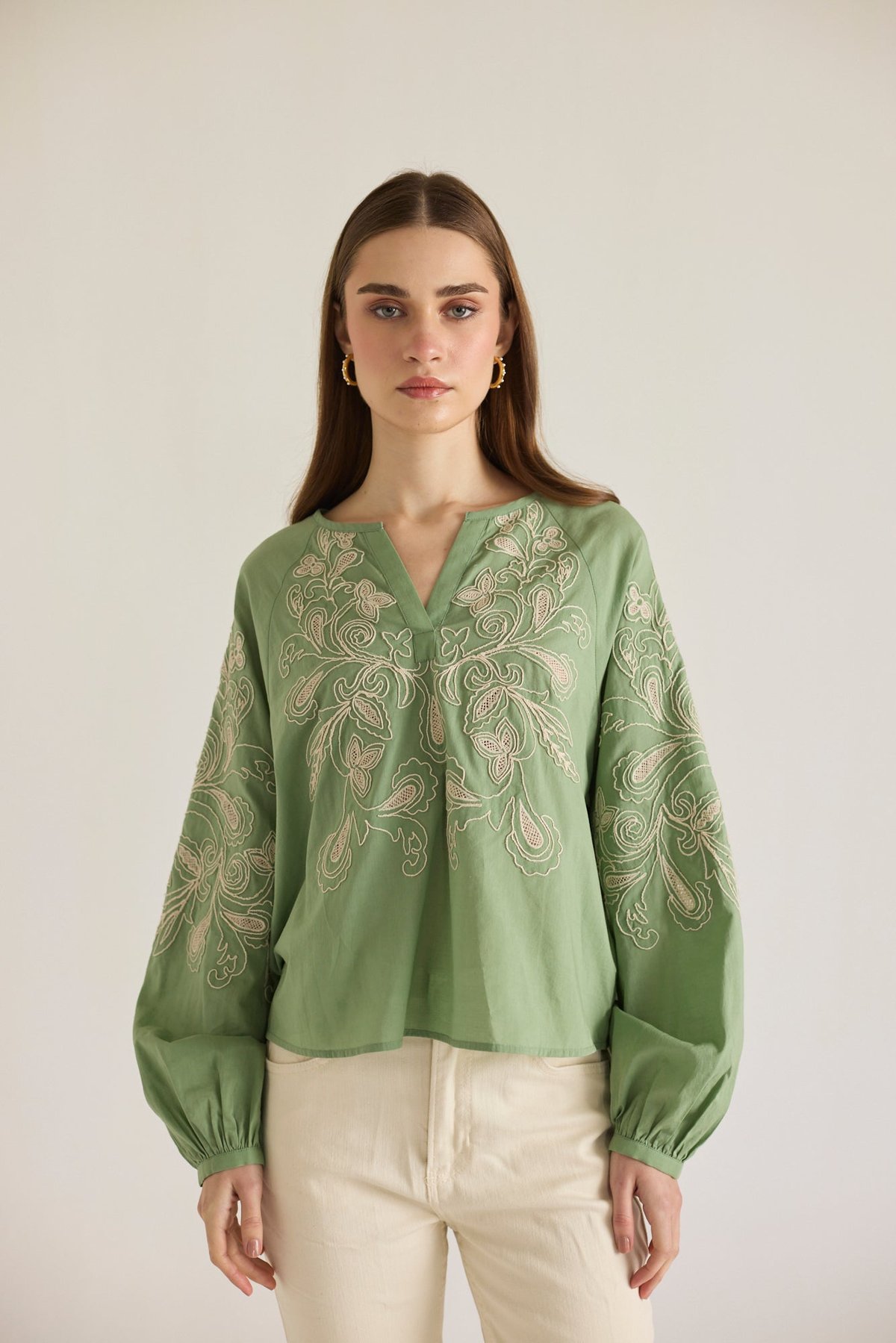 Light Olive Green Cotton Embroidered V-Neck Blouse
