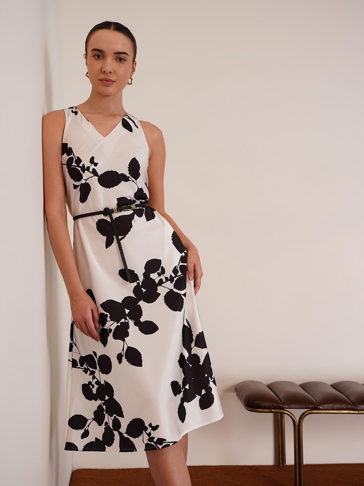 Black and White Satin Floral A-Line Midi Dress