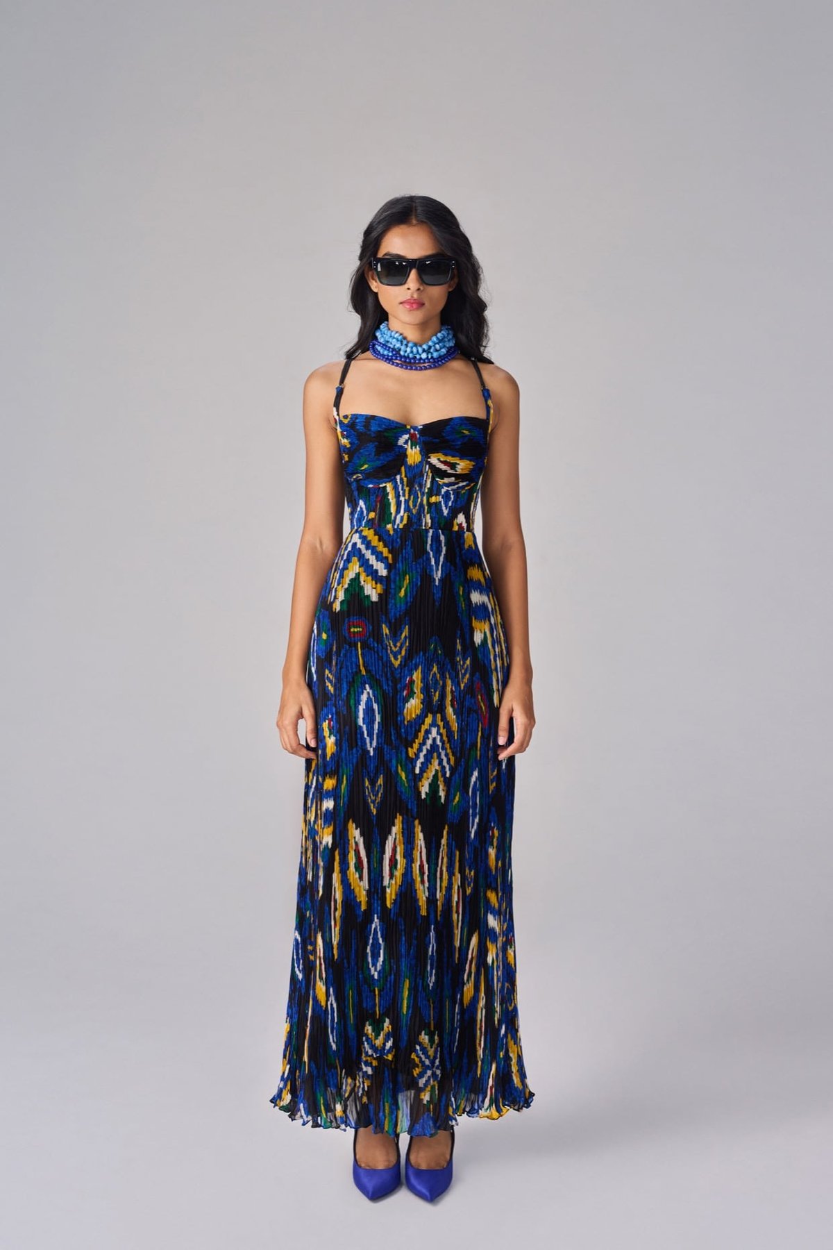 Blue/Multi Aztec Print Chiffon Micro-Pleated Maxi Dress