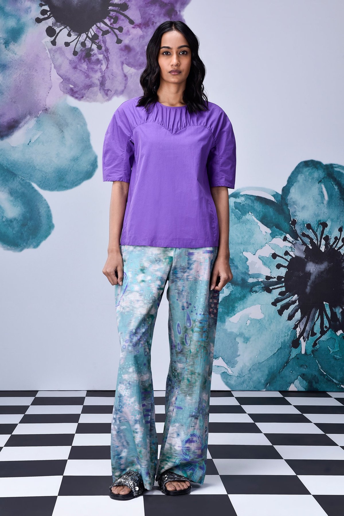 French Lavender Giza Cotton Poplin Gathered Neck Top