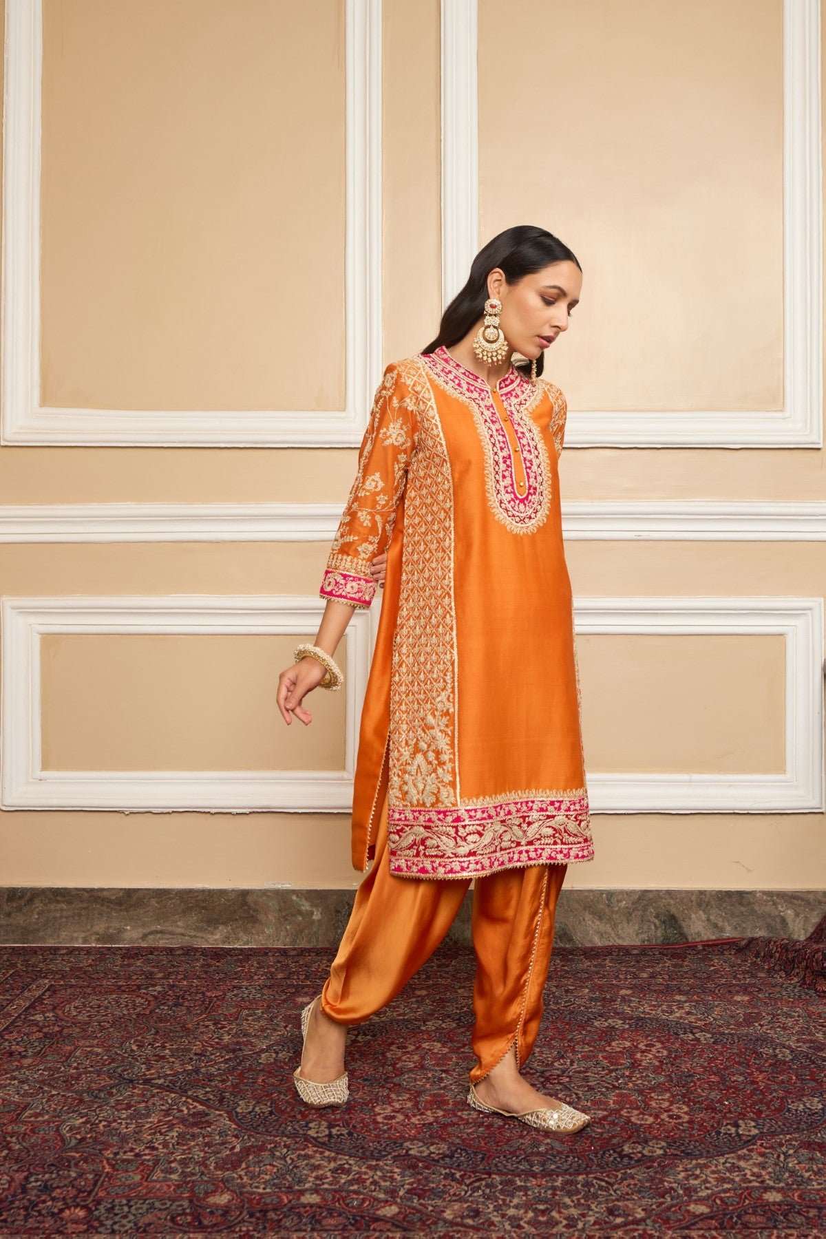 Orange Embroidered Straight Kurta Set with Dhoti