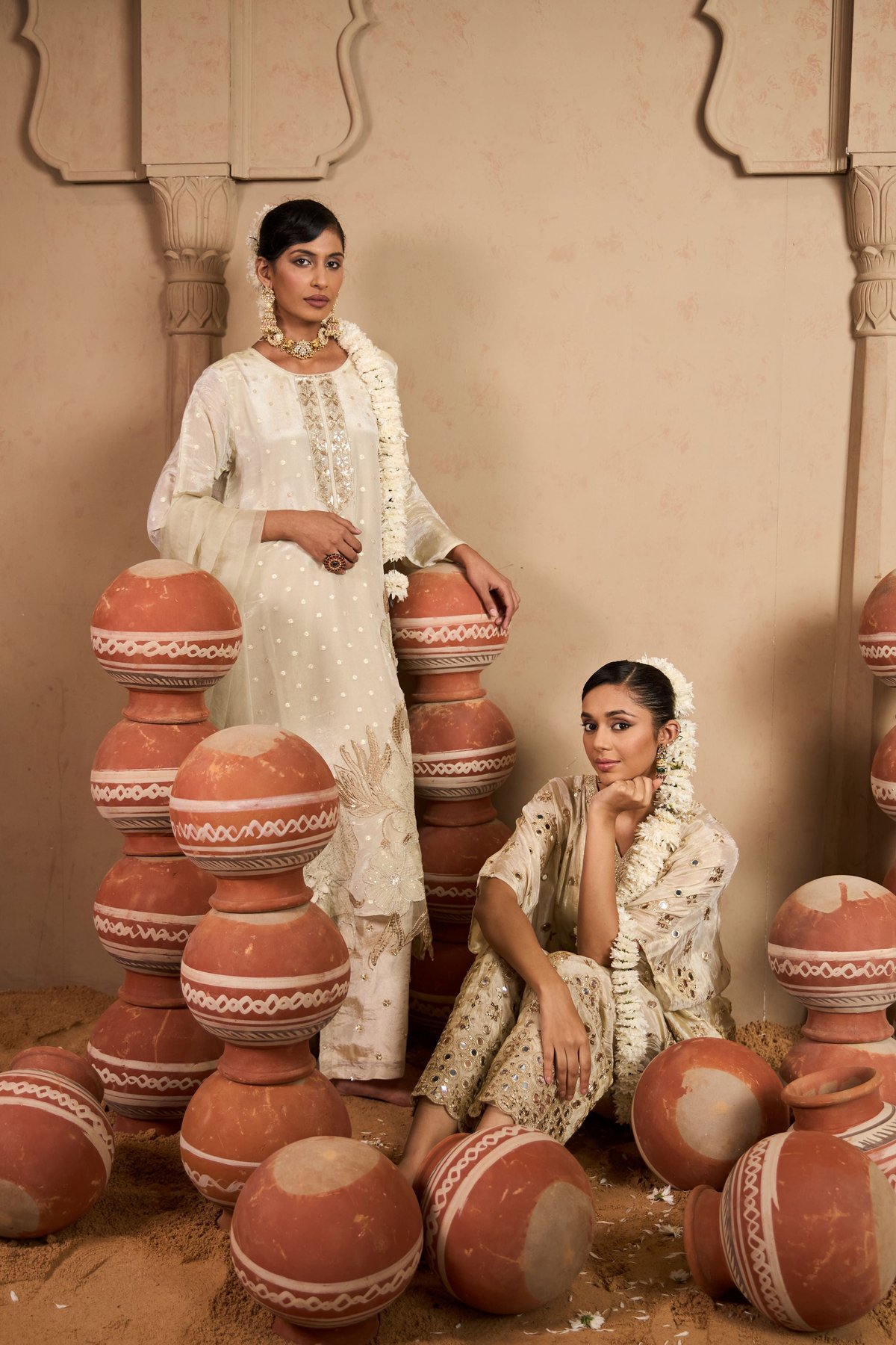 Ivory Mirror Work Kaftan and Pant Co-ord Set
