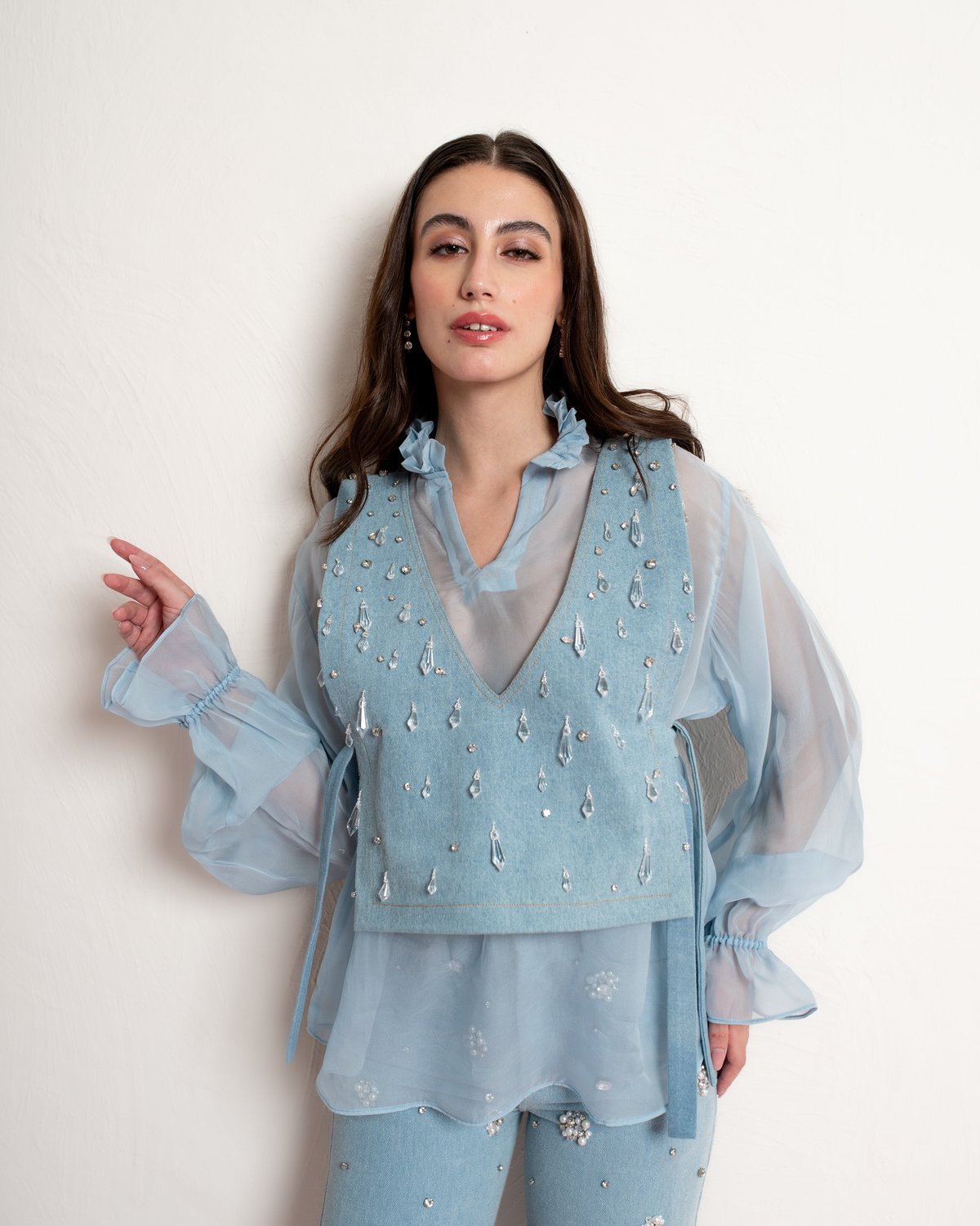 Crystal Denim Vest and Organza Shirt