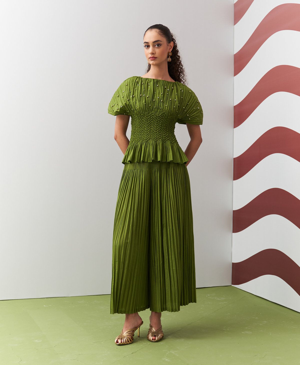 Green Boat Neck Smocked Top and Pleated Culotte Co-ord Set