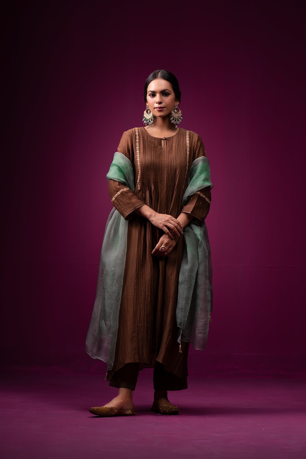 Brown Silk Chanderi Hand-Embroidered Kurta Set