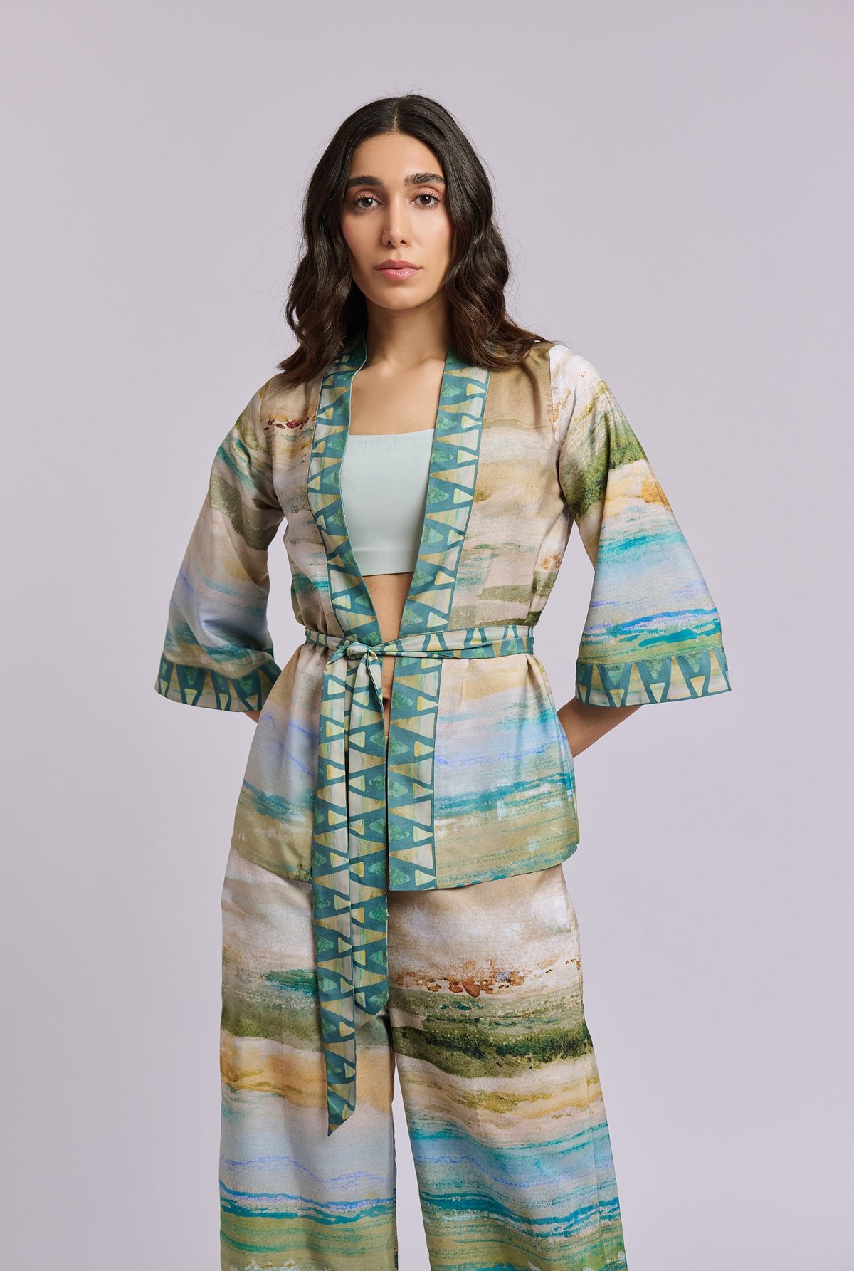 Scenery Print 3-Piece Co-ord Set with Kimono and Pants