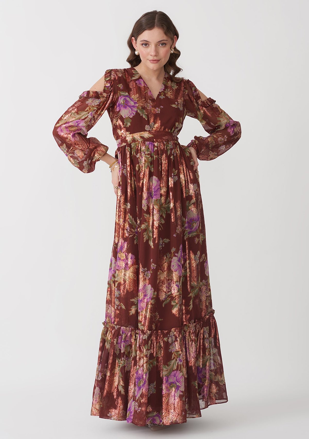Multicolor Metallic Floral Tiered Maxi Dress with Belt