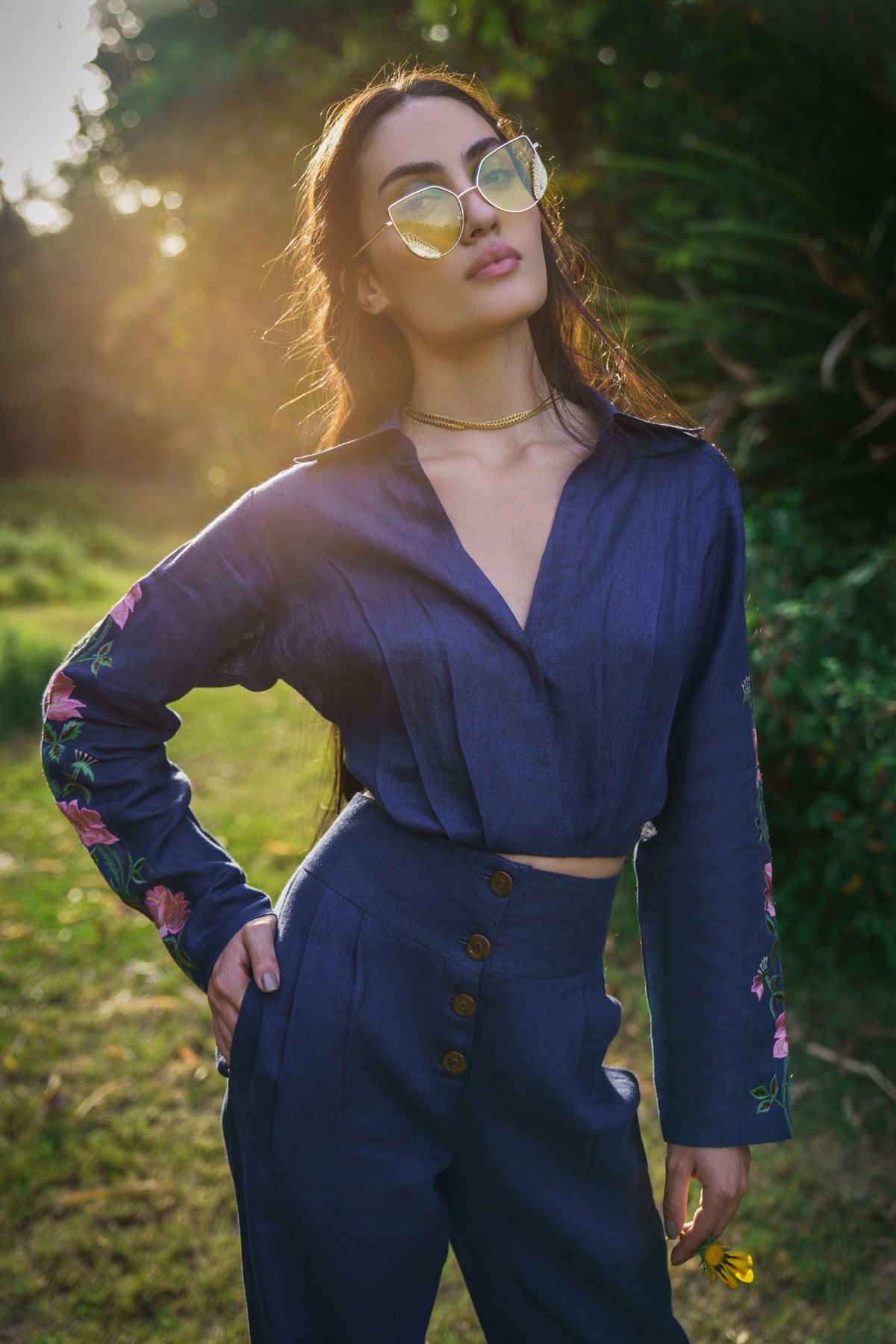 Navy Blue Cropped Linen Shirt with Embroidered Sleeves