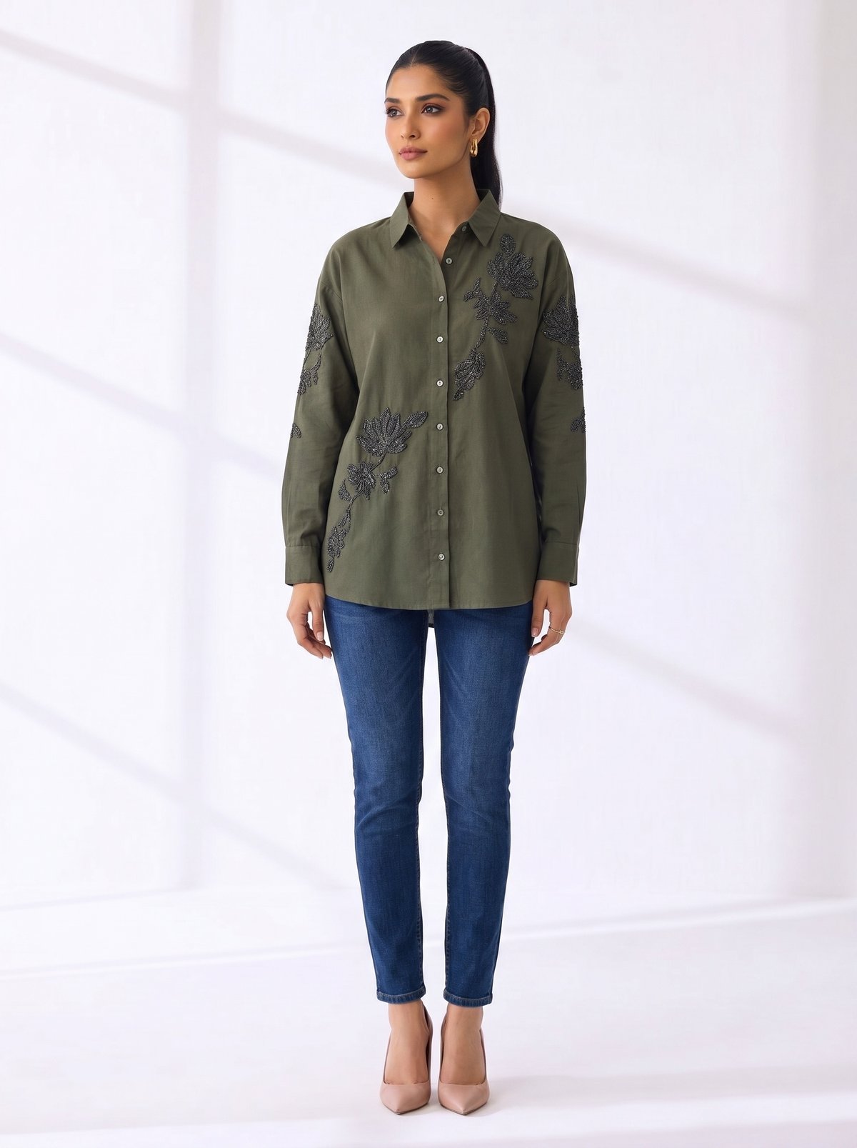Green Cotton Embroidered Button-Down Shirt