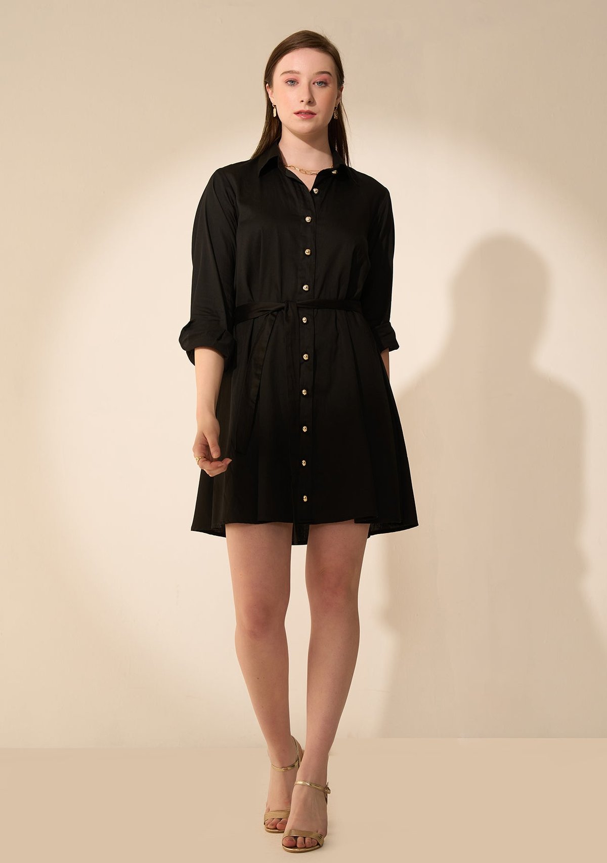 Black Buttondown Shirt Dress with Detachable Belt