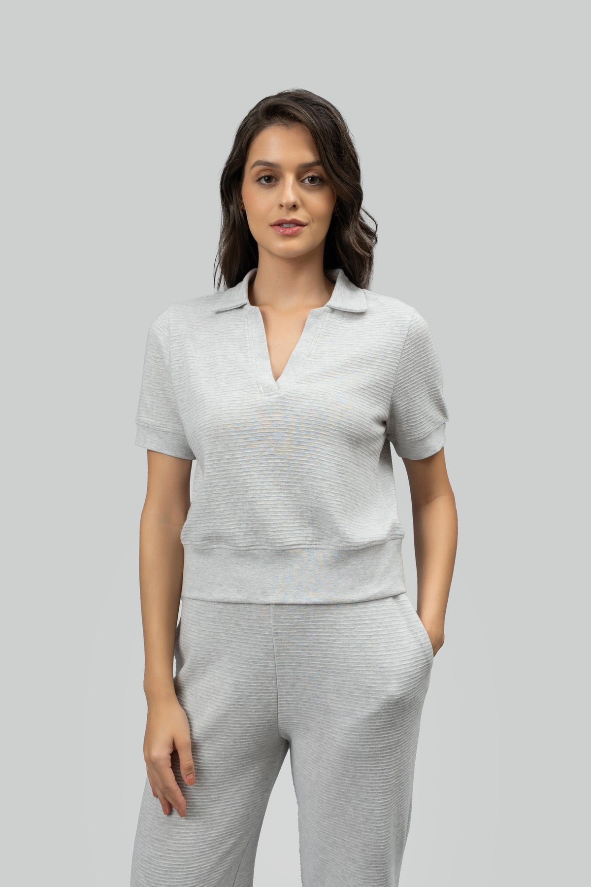 Grey Ottoman Rib Cropped Polo Top