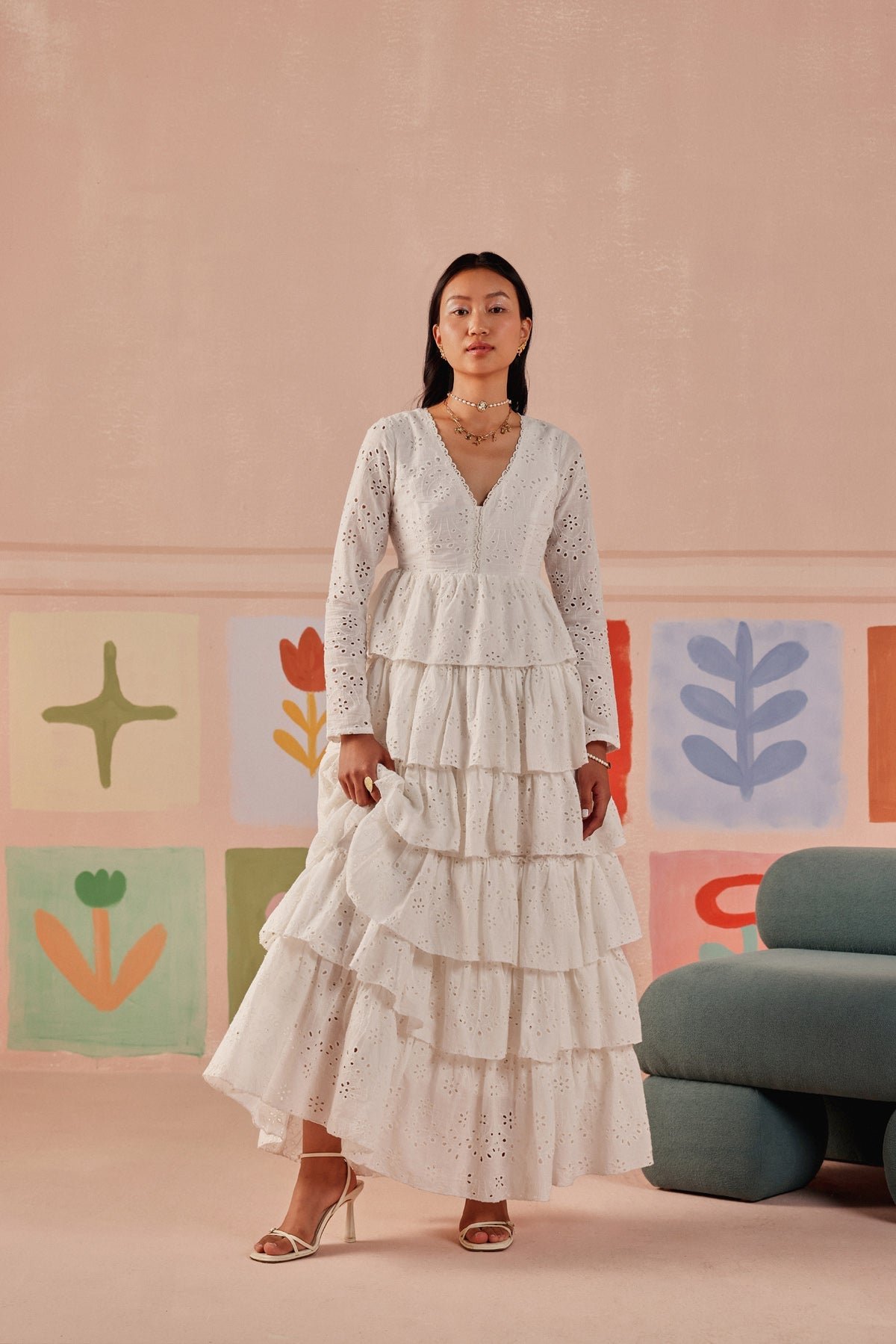 White Cotton Schiffli Tiered Maxi Dress