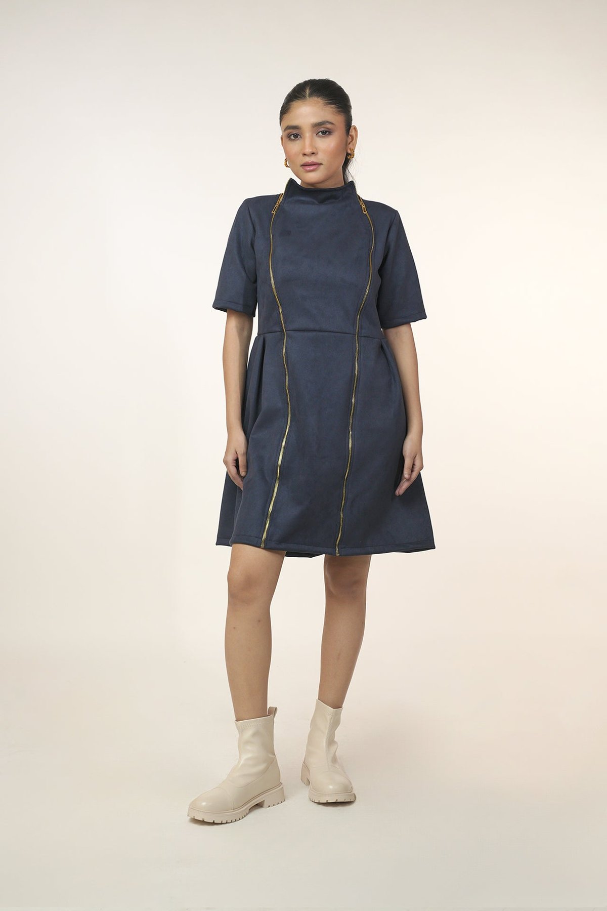 Navy Suede Double-Zip Mini Dress