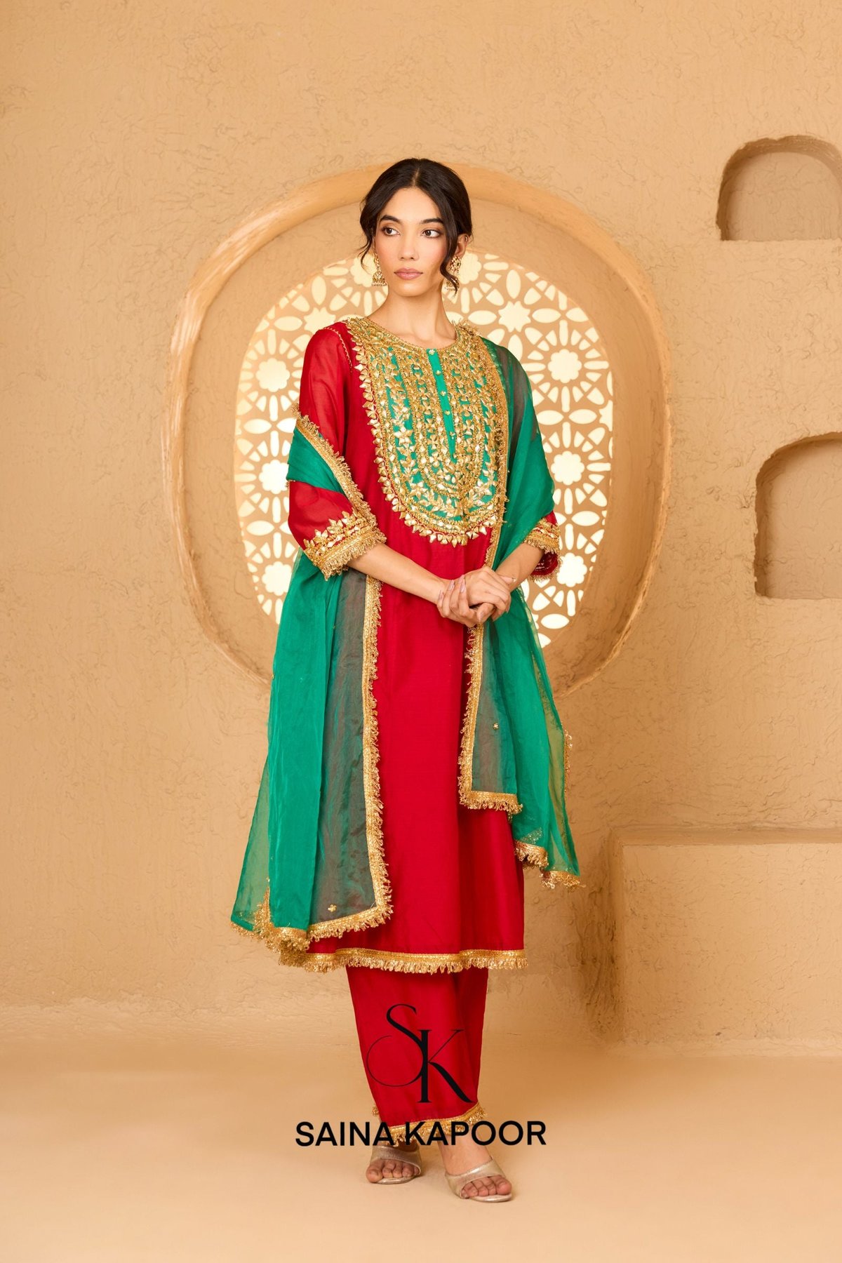 Red Cotton Chanderi Long Kurta Pant Set
