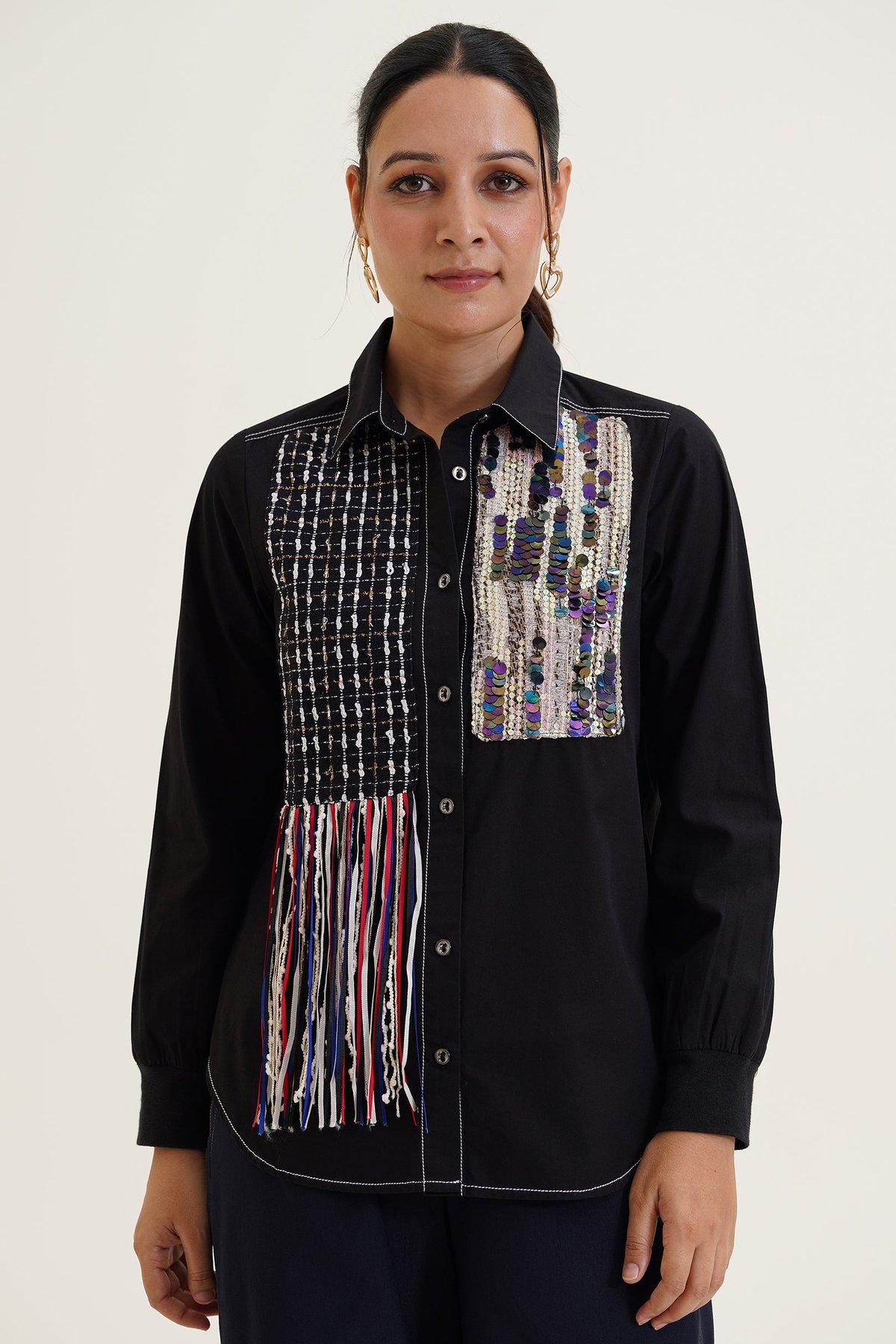 Black Fringe Detail Embellished Button-Down Shirt