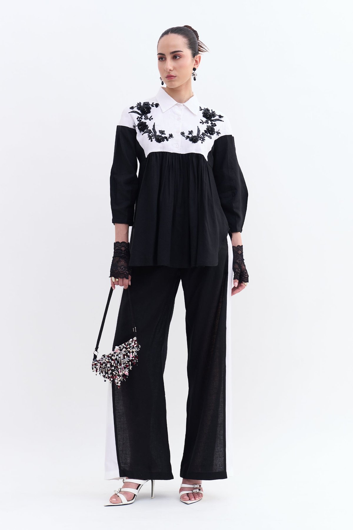 Black and White Cotton Linen Embroidered Yoke Shirt