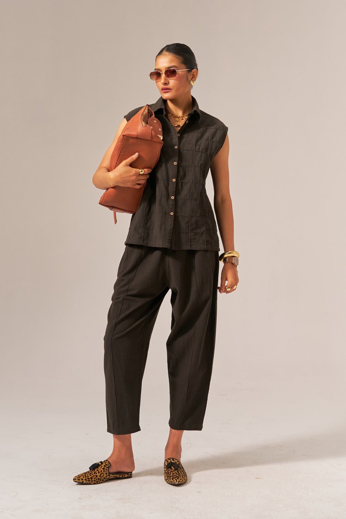 Dark Brown Sleeveless Shirt and Tapered Pants Co-ord Set