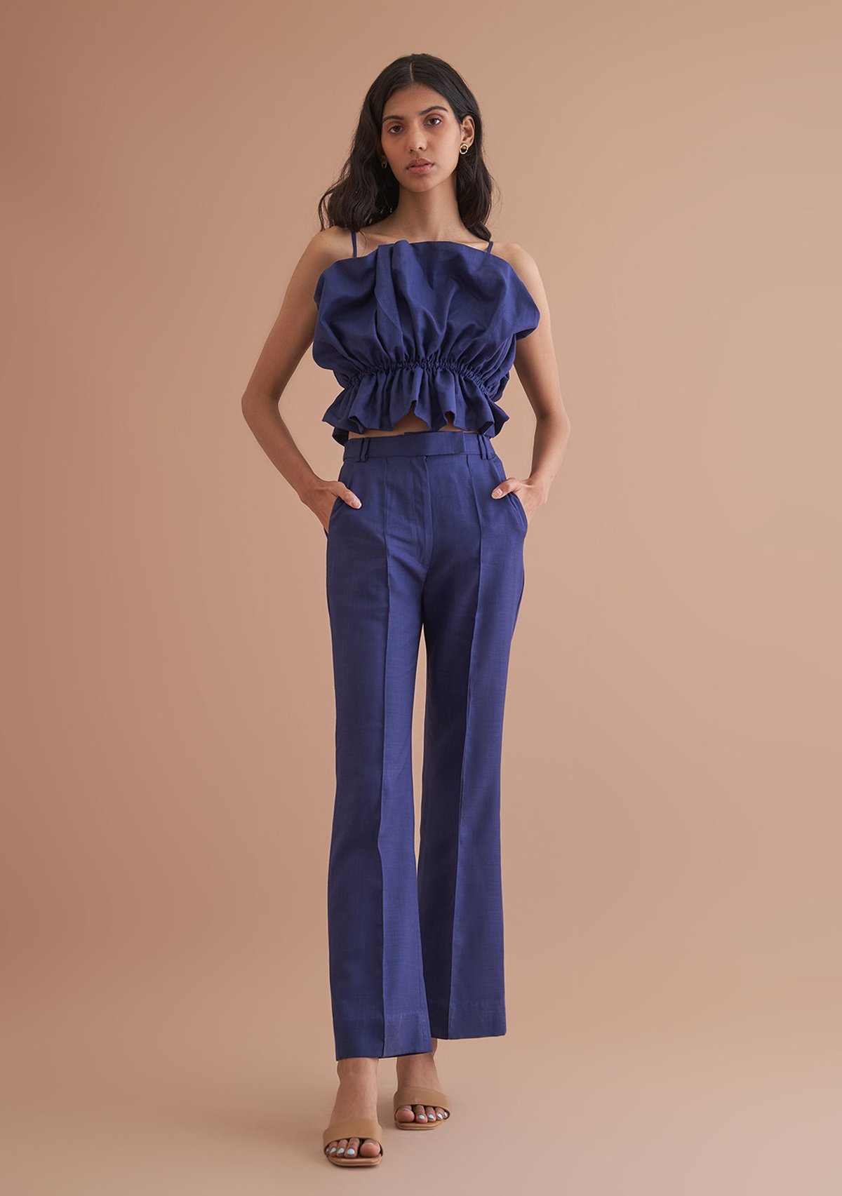 Navy High-Rise Relaxed Bootcut Trousers