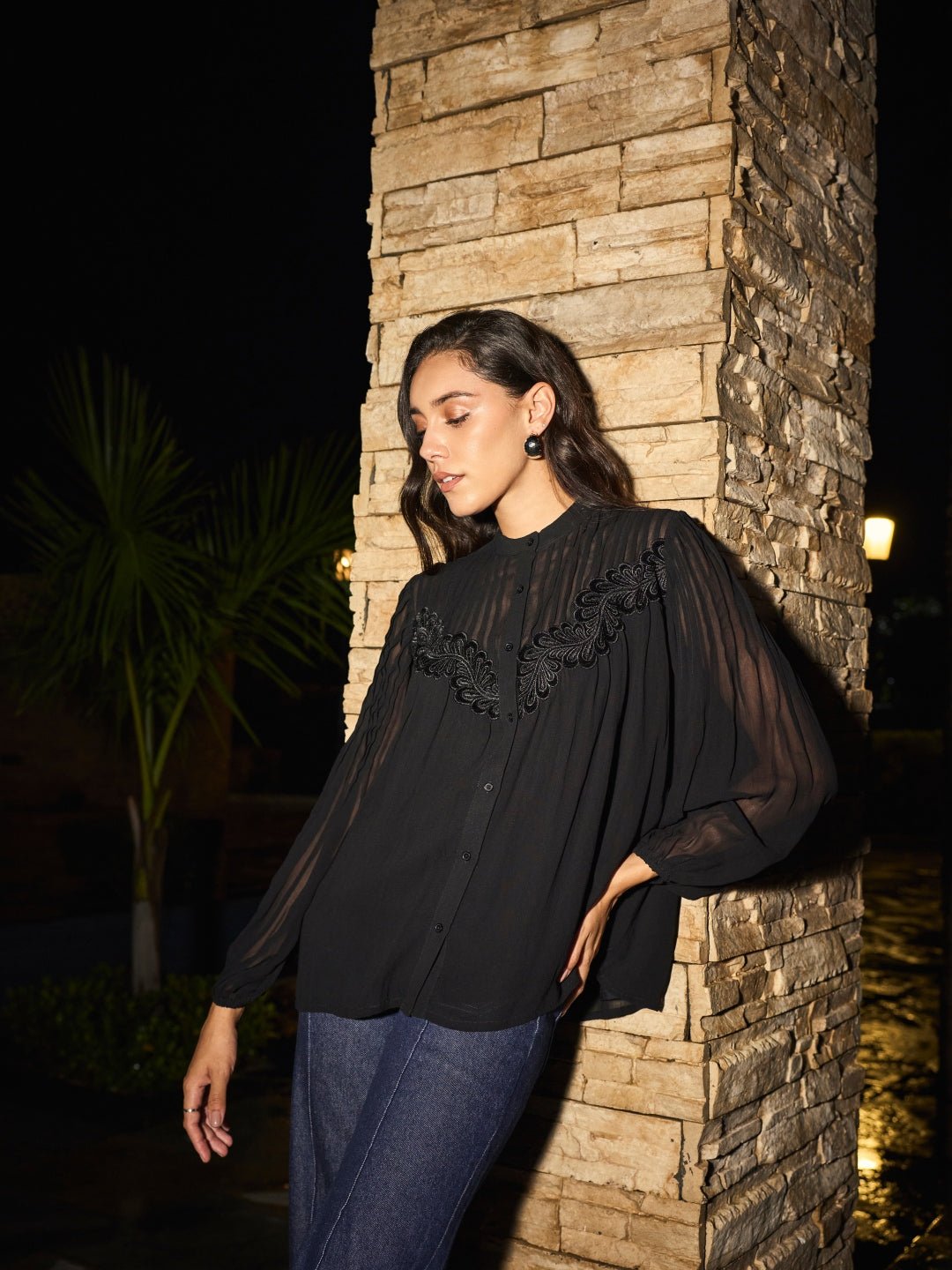 Black Viscose Button-Down Shirt with Yoke Applique