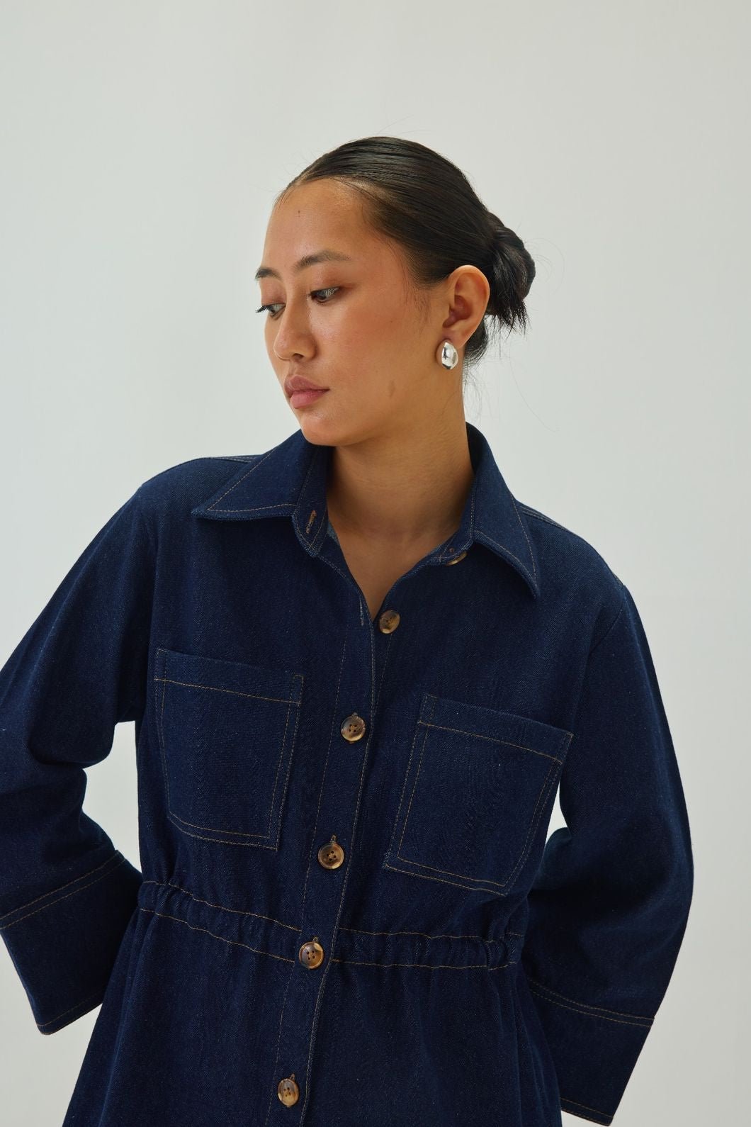 Blue Denim Longline Cinched-Waist Jacket