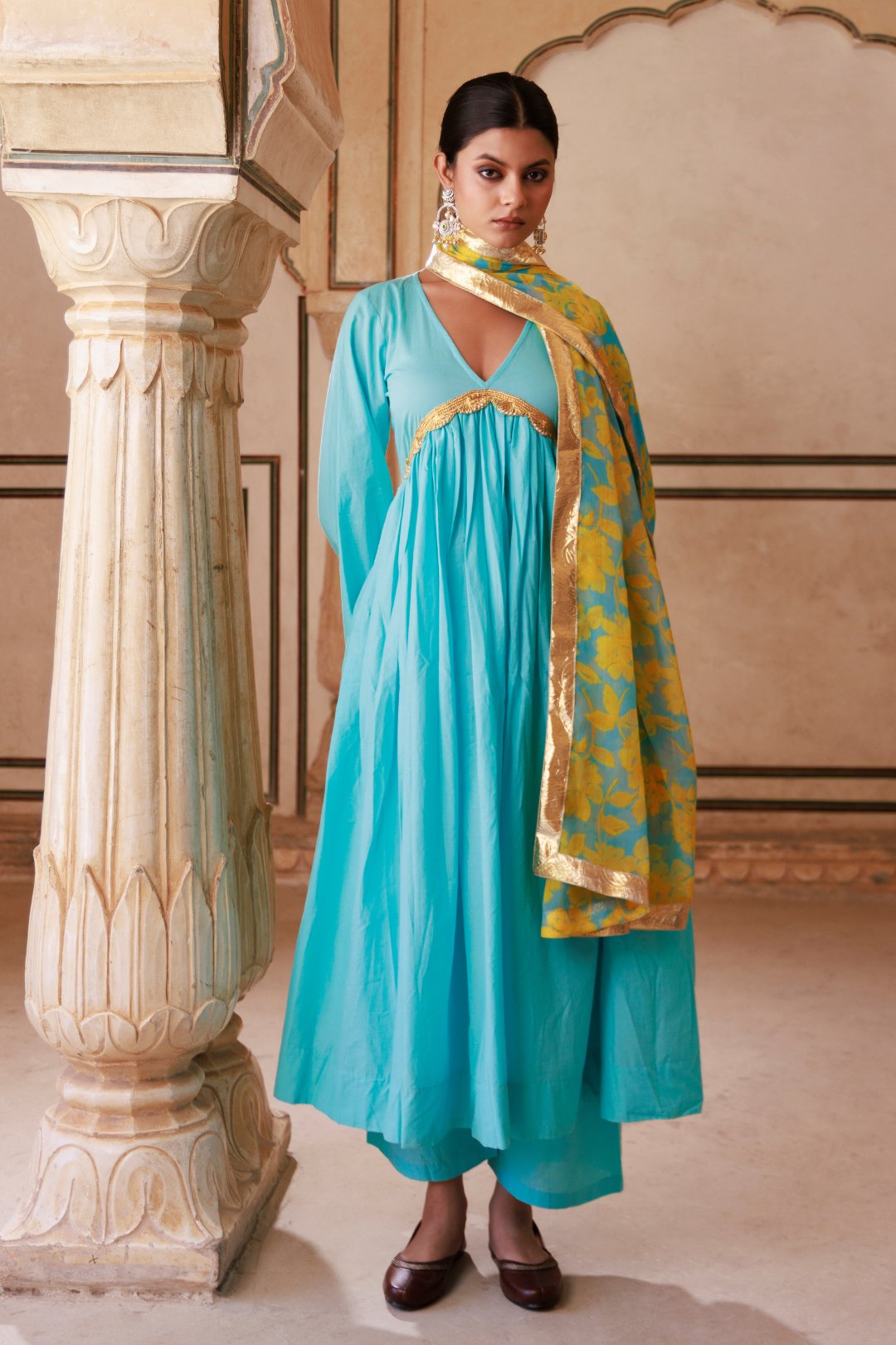 Blue Cotton Anarkali Set With Chiffon Dupatta