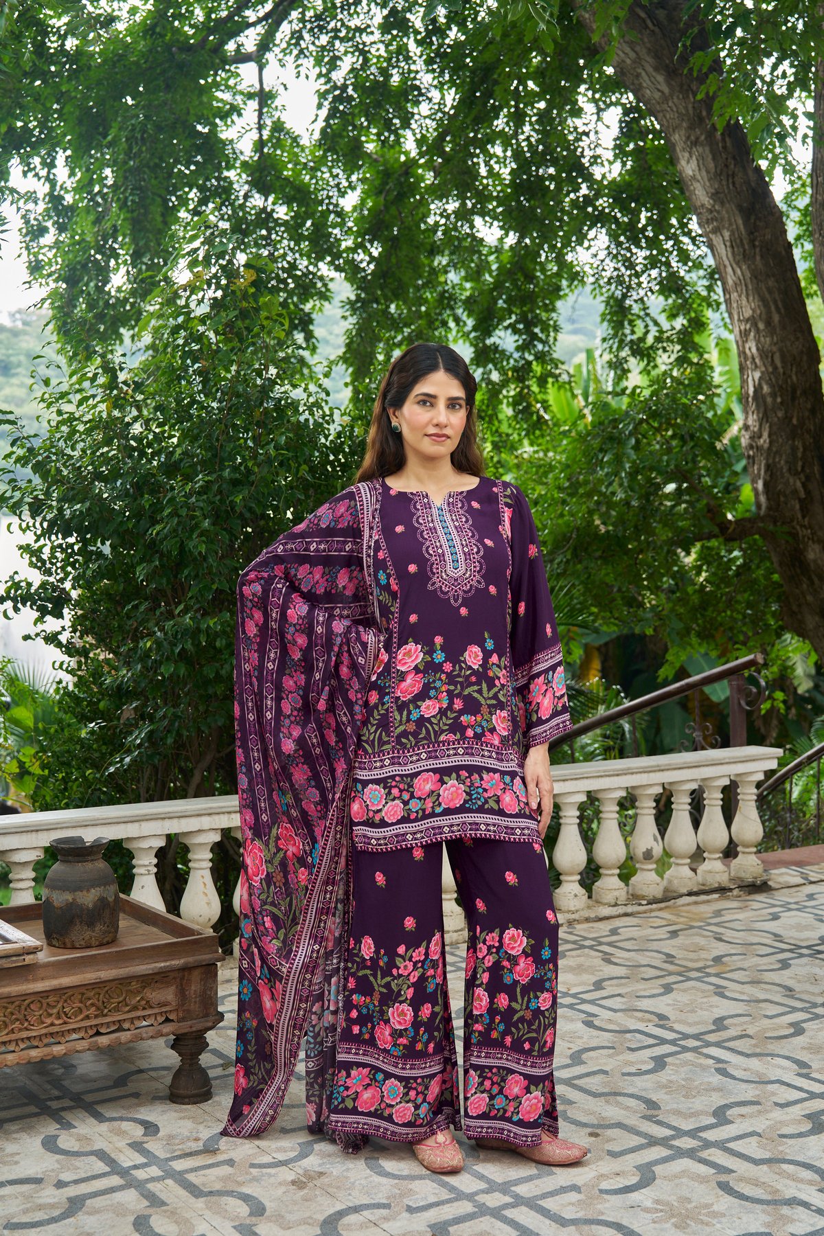 Wine Floral Printed Kurta Set with Palazzo and Dupatta