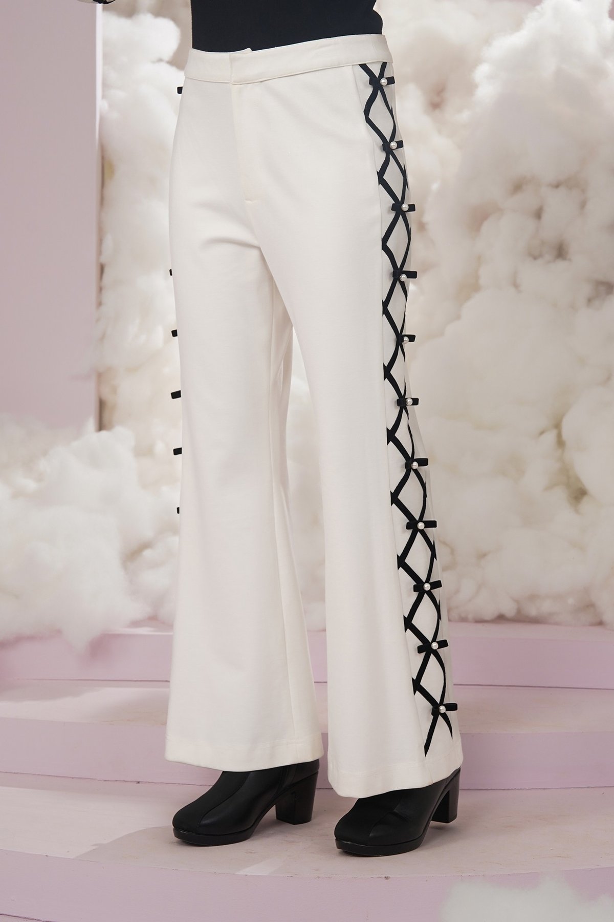 White High-Rise Bootcut Trousers with Contrast Side Trim