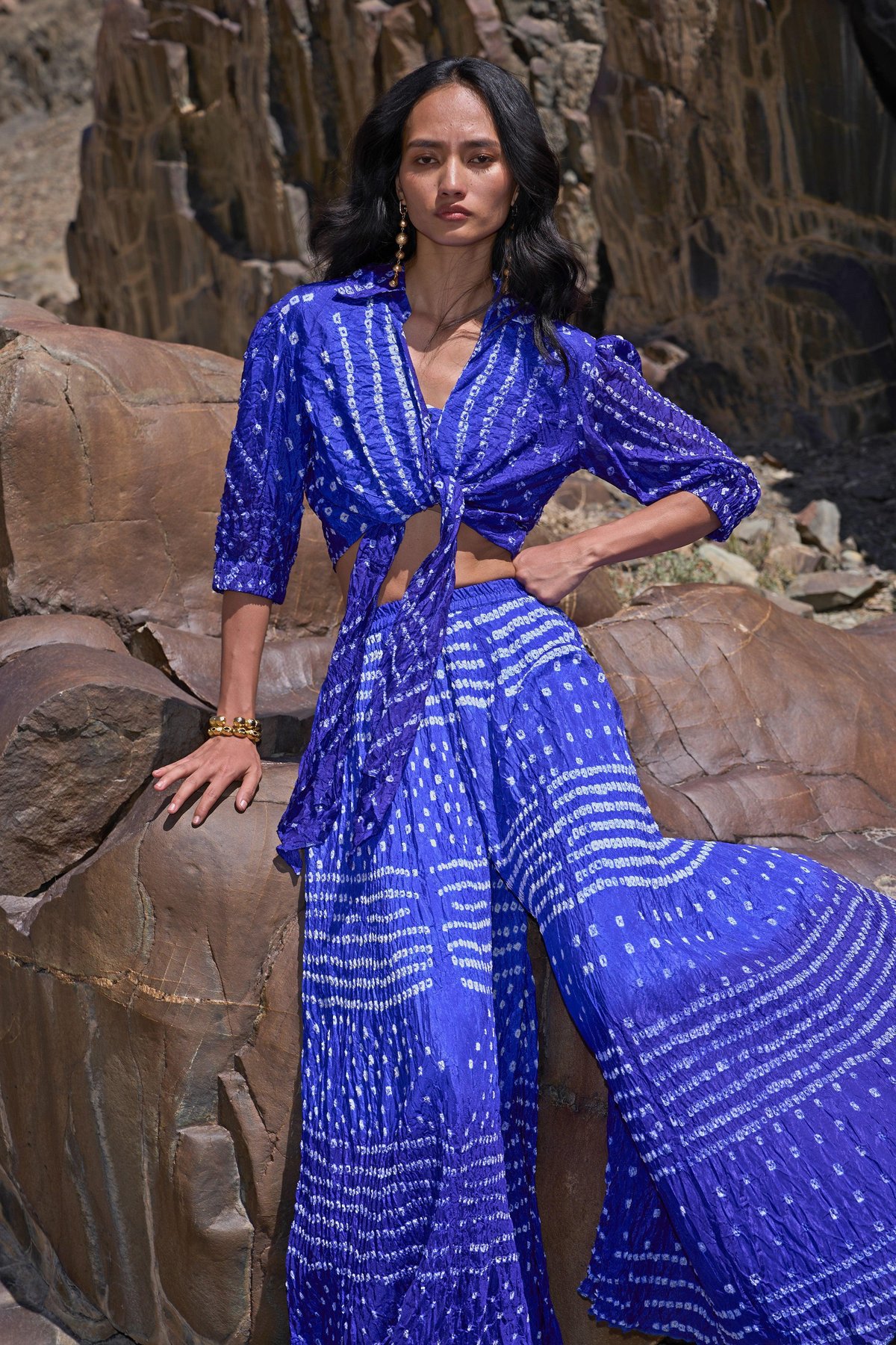 Royal Blue Bandhani Tie-Knot Crop Shirt