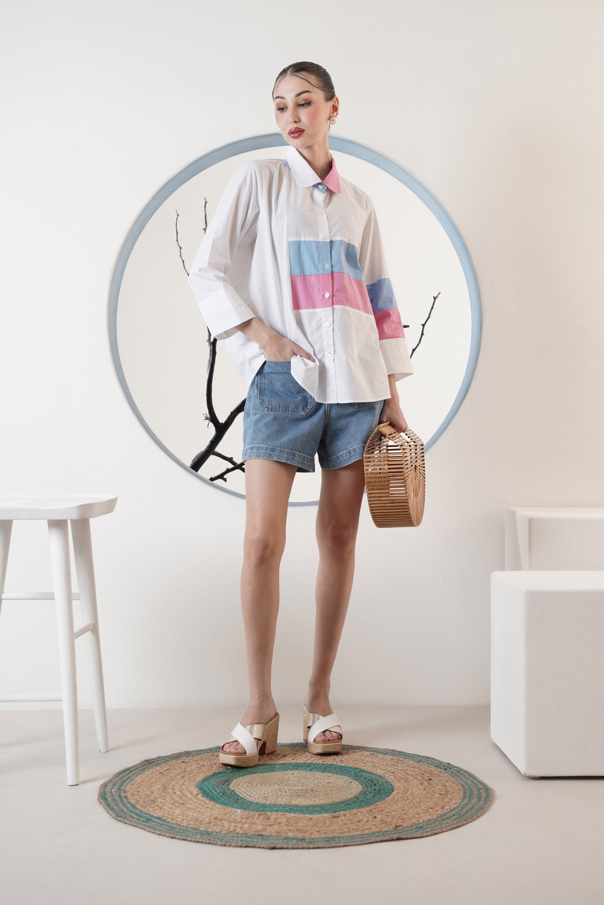White Colourblock Button-Down Shirt with 3/4 Sleeves